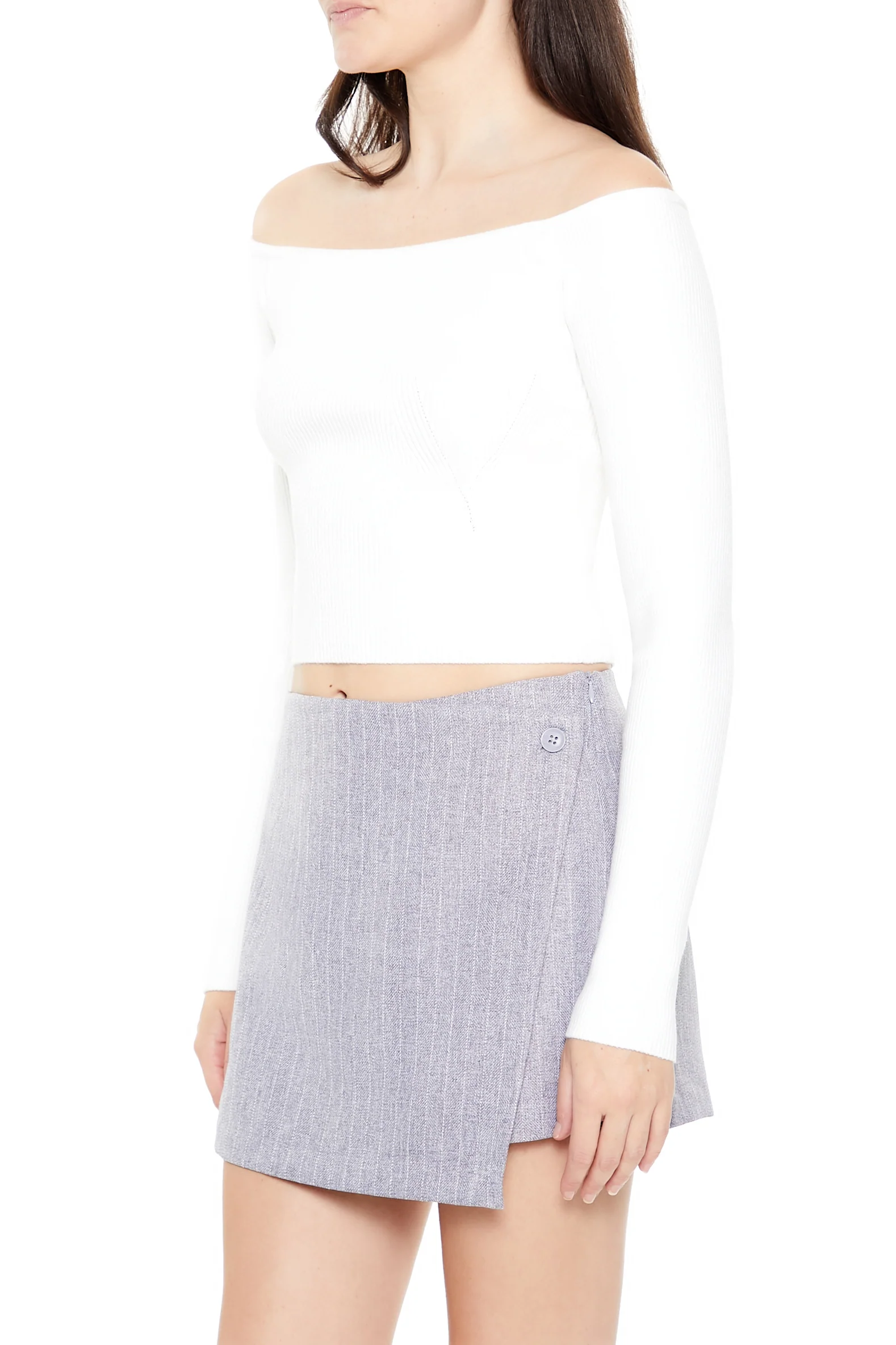 Long Sleeve Off Shoulder Cropped Sweater - White - Image 3