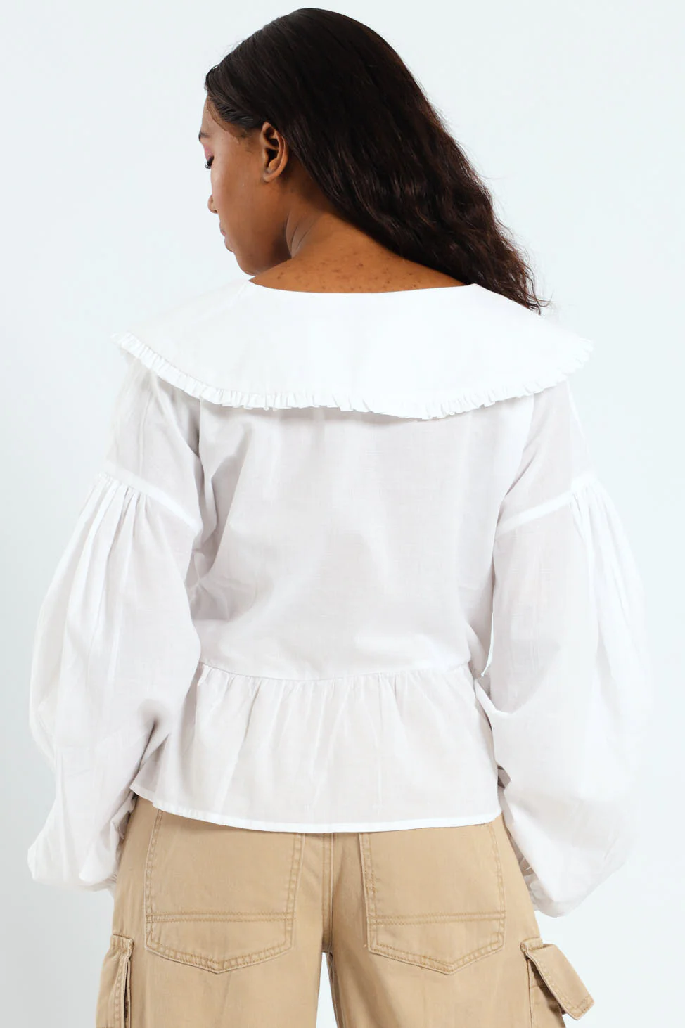 Long Sleeve Oversized Collar Tie Blouse - White - Image 2