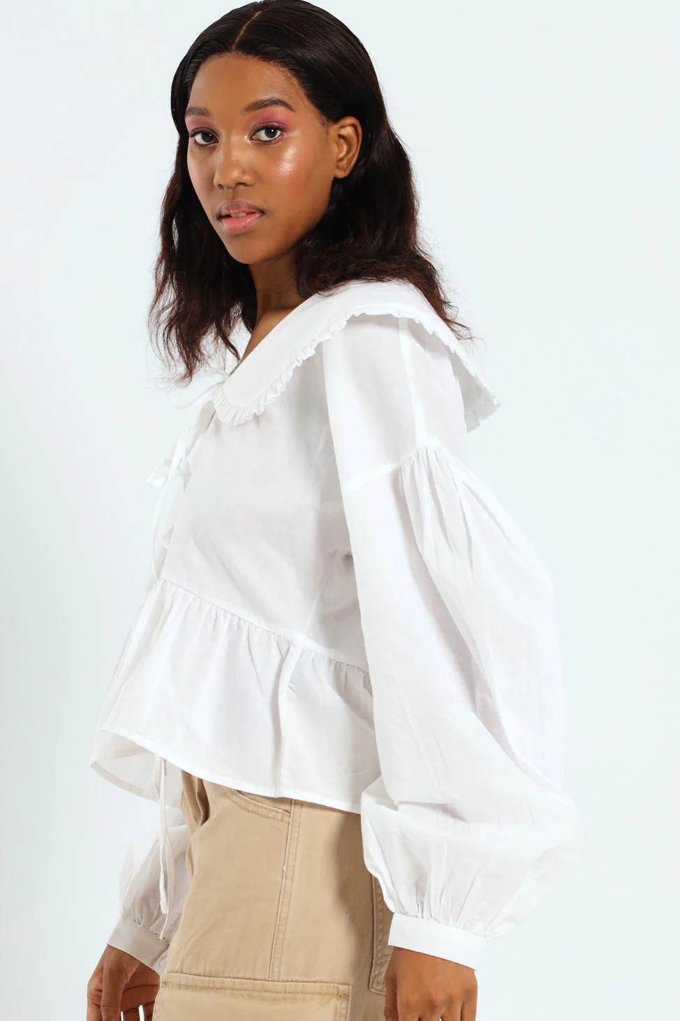 Long Sleeve Oversized Collar Tie Blouse - White - Image 3