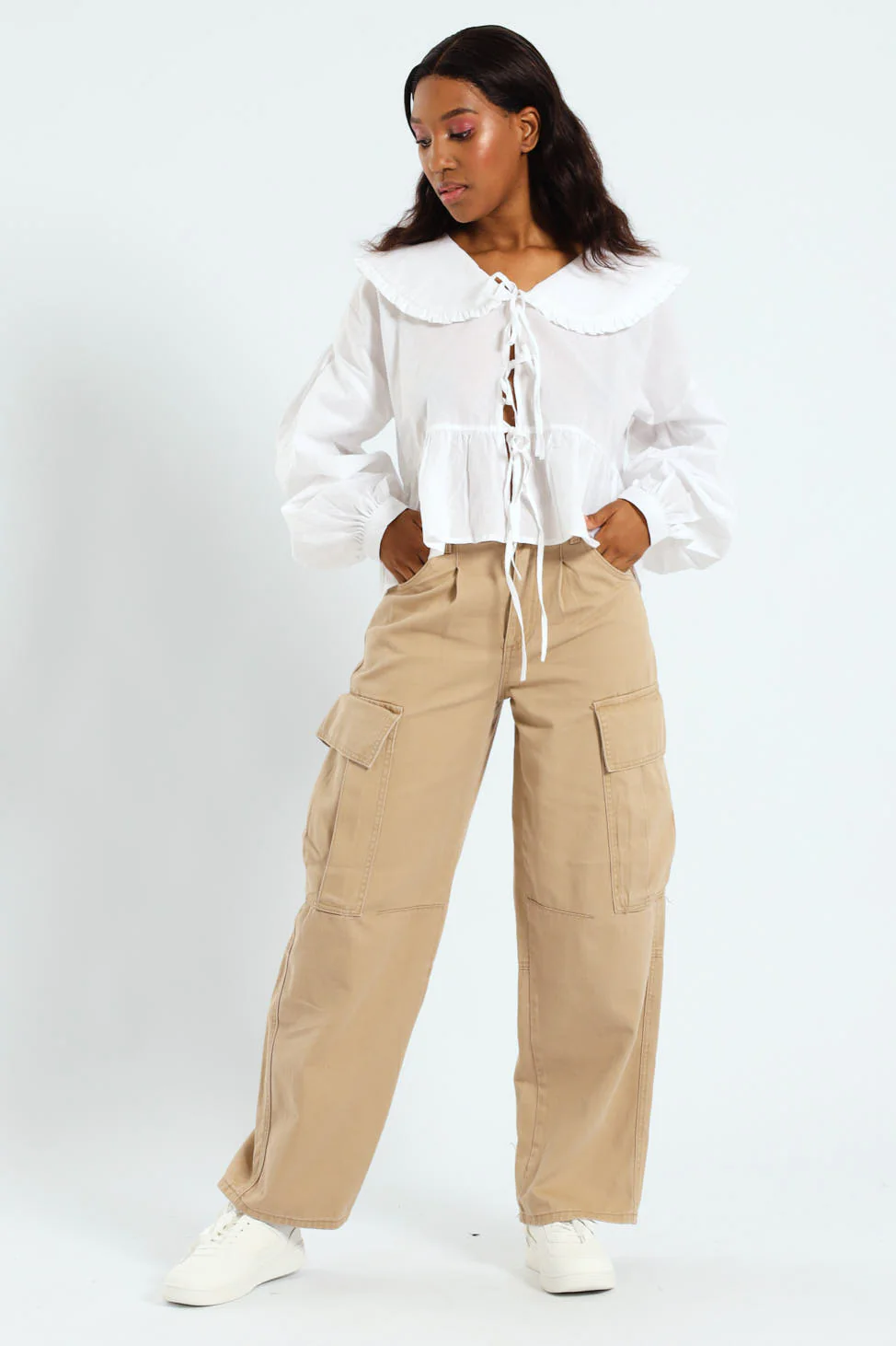 Long Sleeve Oversized Collar Tie Blouse - White - Image 4