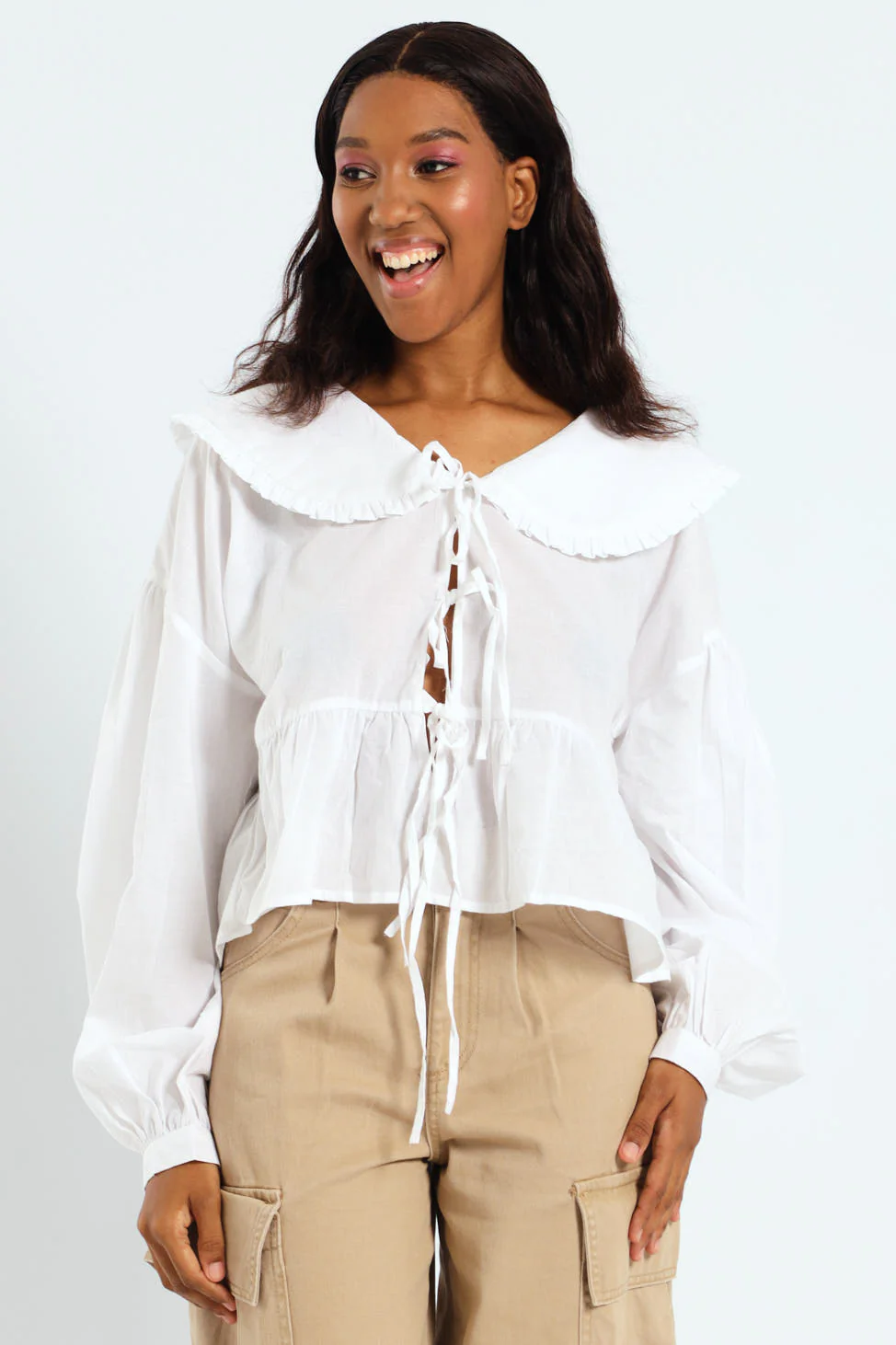 Long Sleeve Oversized Collar Tie Blouse - White - Image 5