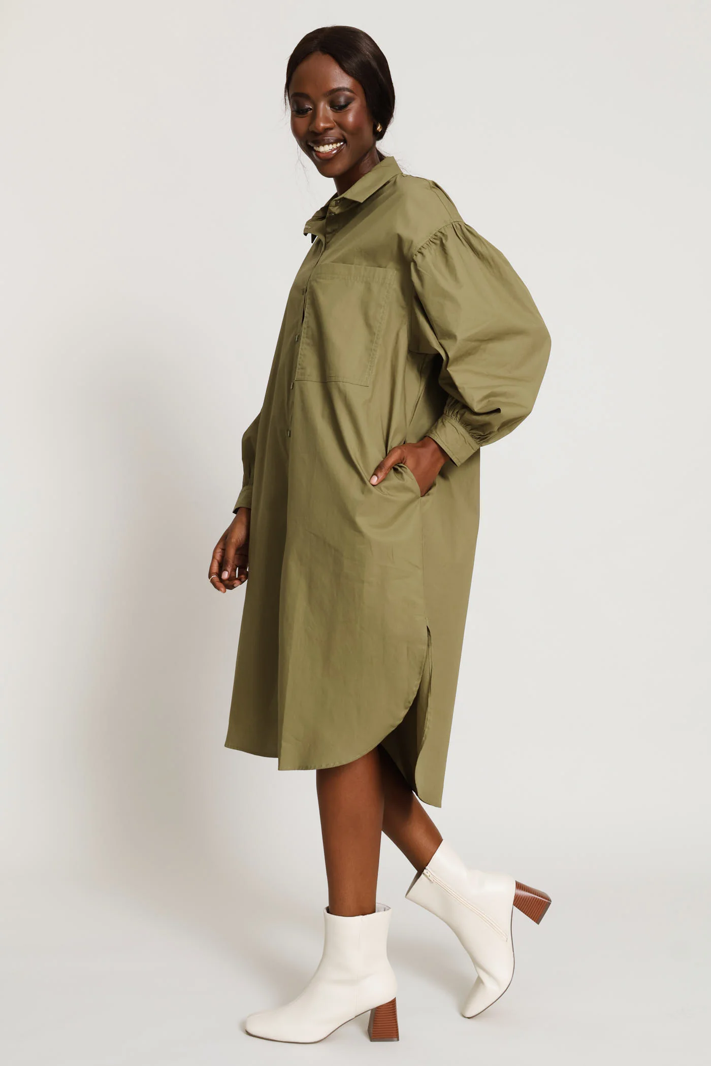 Long Sleeve Oversized Poplin Midaxi Shirt Dress - Olive - Image 2