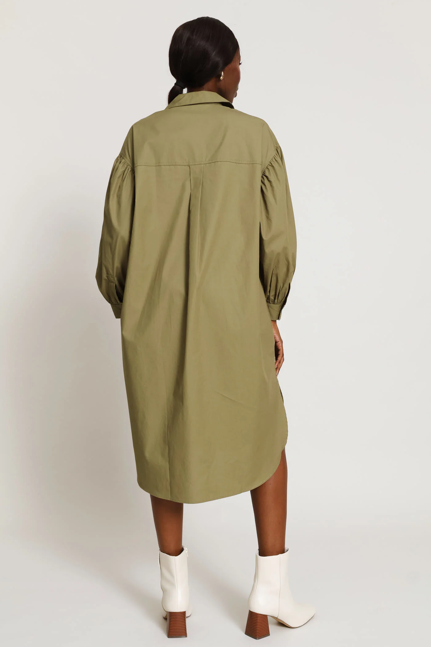 Long Sleeve Oversized Poplin Midaxi Shirt Dress - Olive - Image 3
