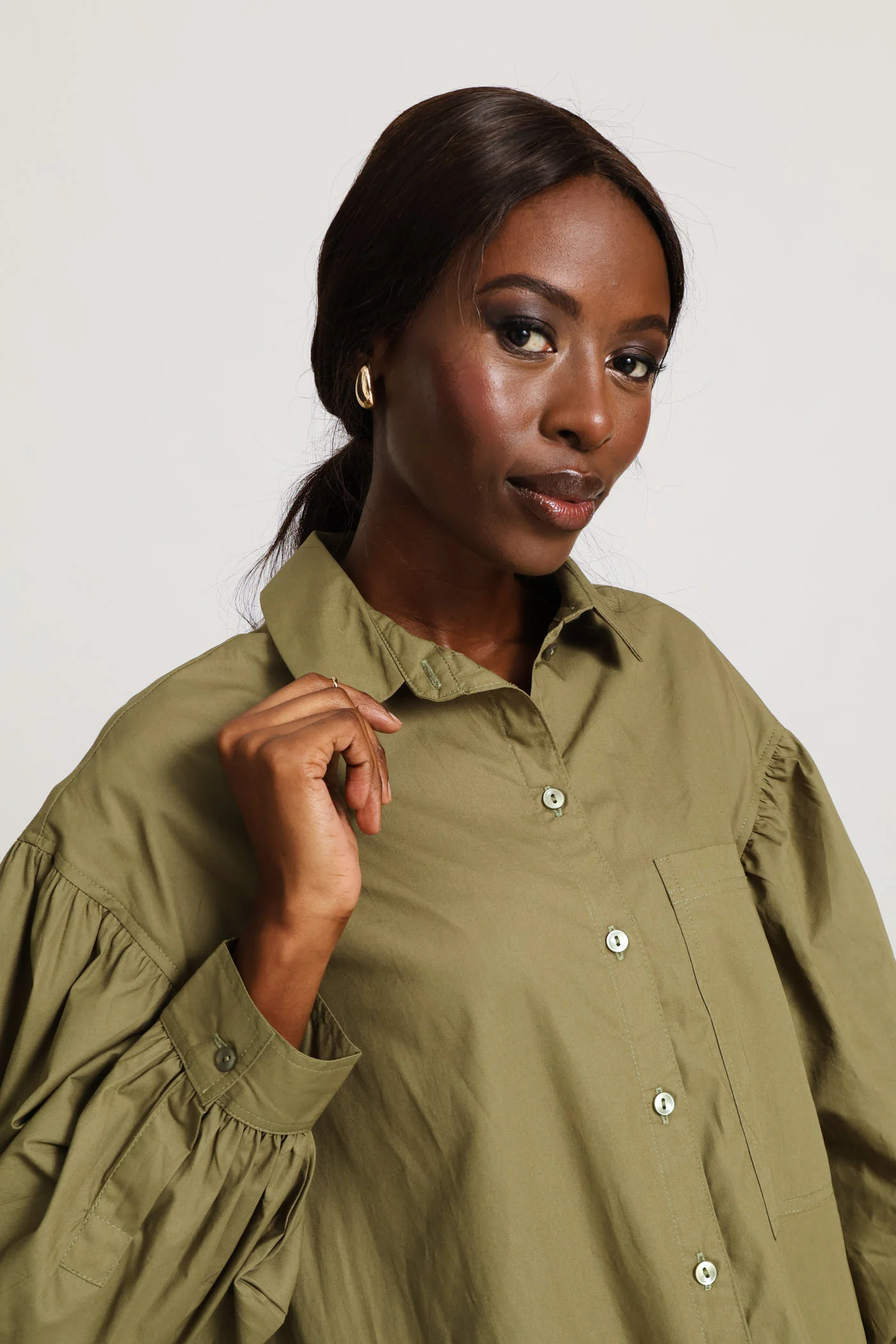 Long Sleeve Oversized Poplin Midaxi Shirt Dress - Olive - Image 4