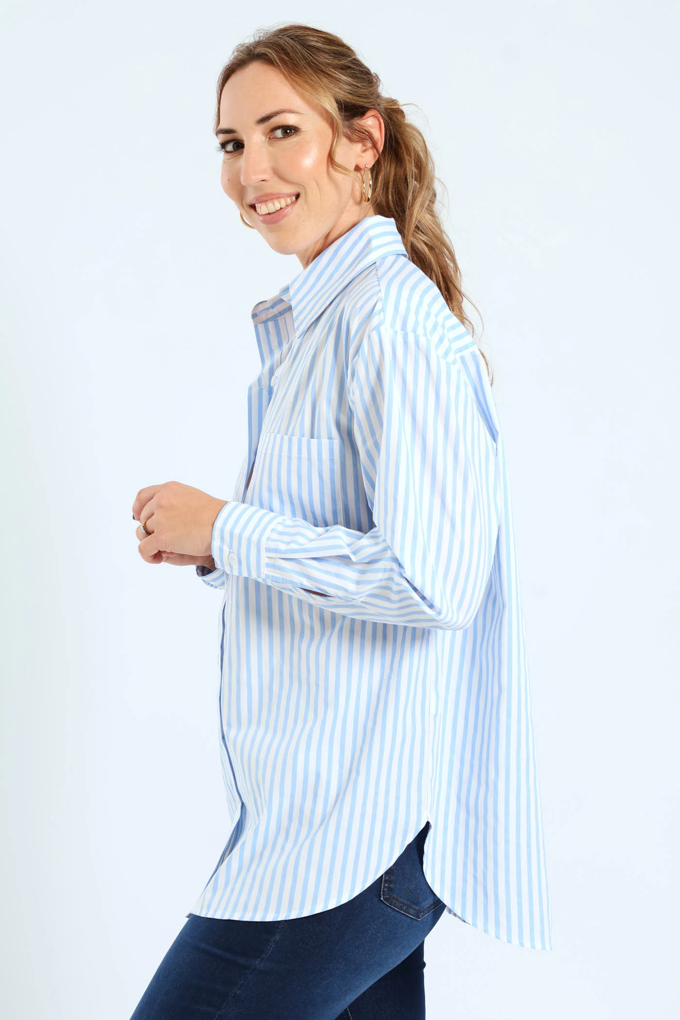 Long Sleeve Oversized Stripe Poplin Shirt - White/Blue - Image 2