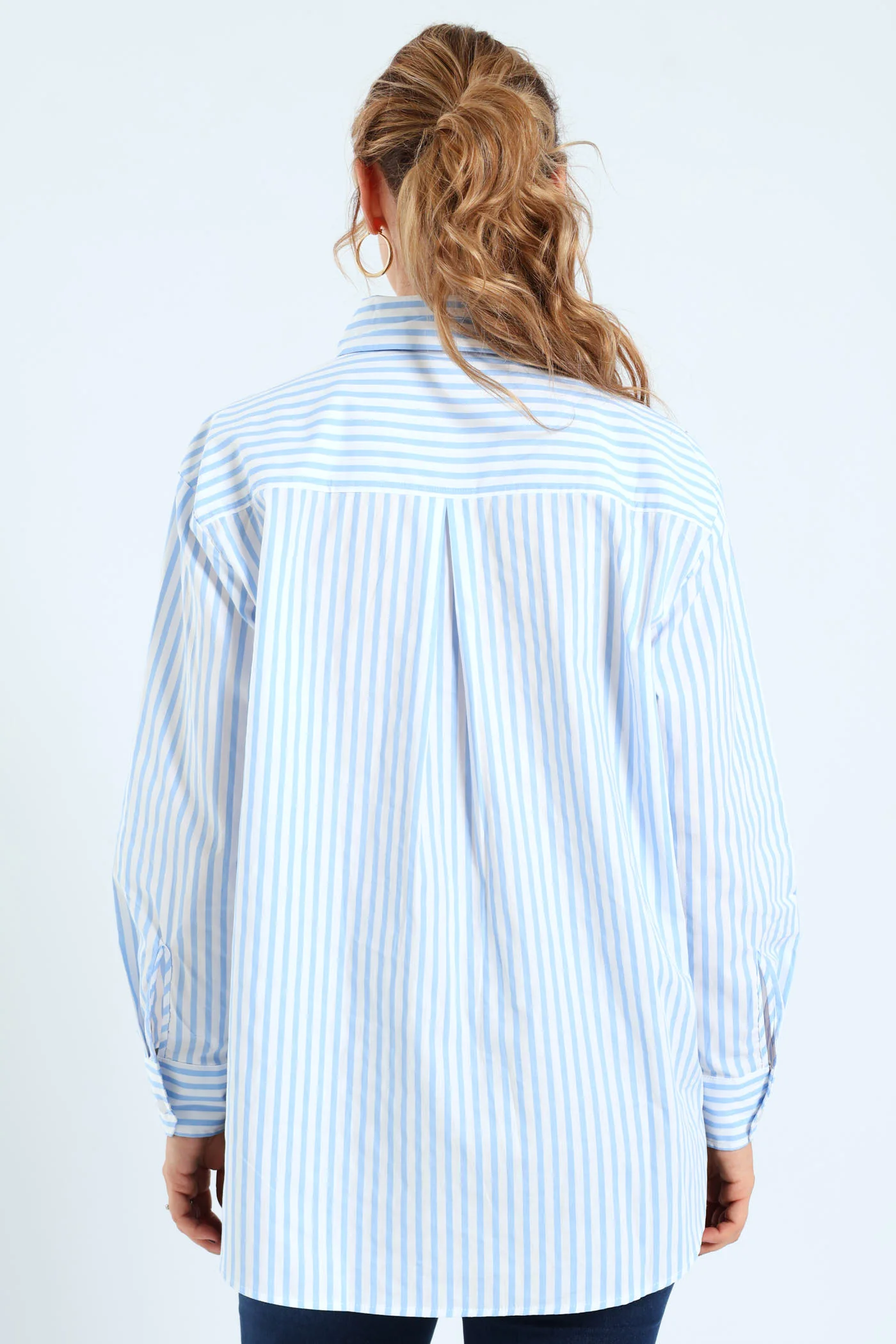 Long Sleeve Oversized Stripe Poplin Shirt - White/Blue - Image 3