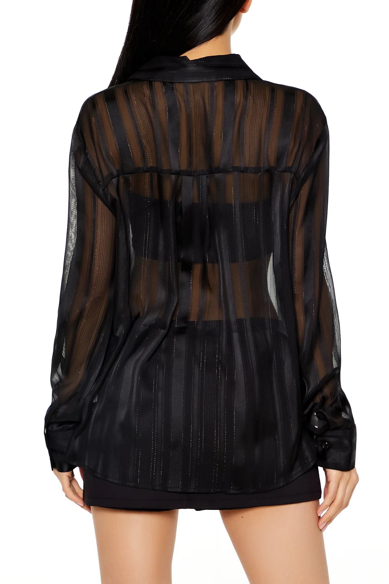 Long Sleeve Oversized Woven Button Down Top - Black - Image 4