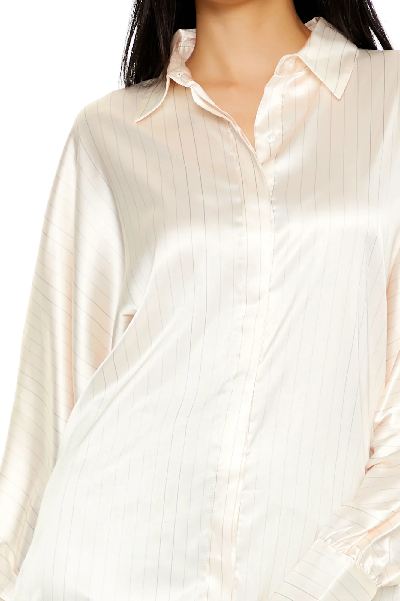 Long Sleeve Oversized Woven Button Down Top - Cream - Image 2