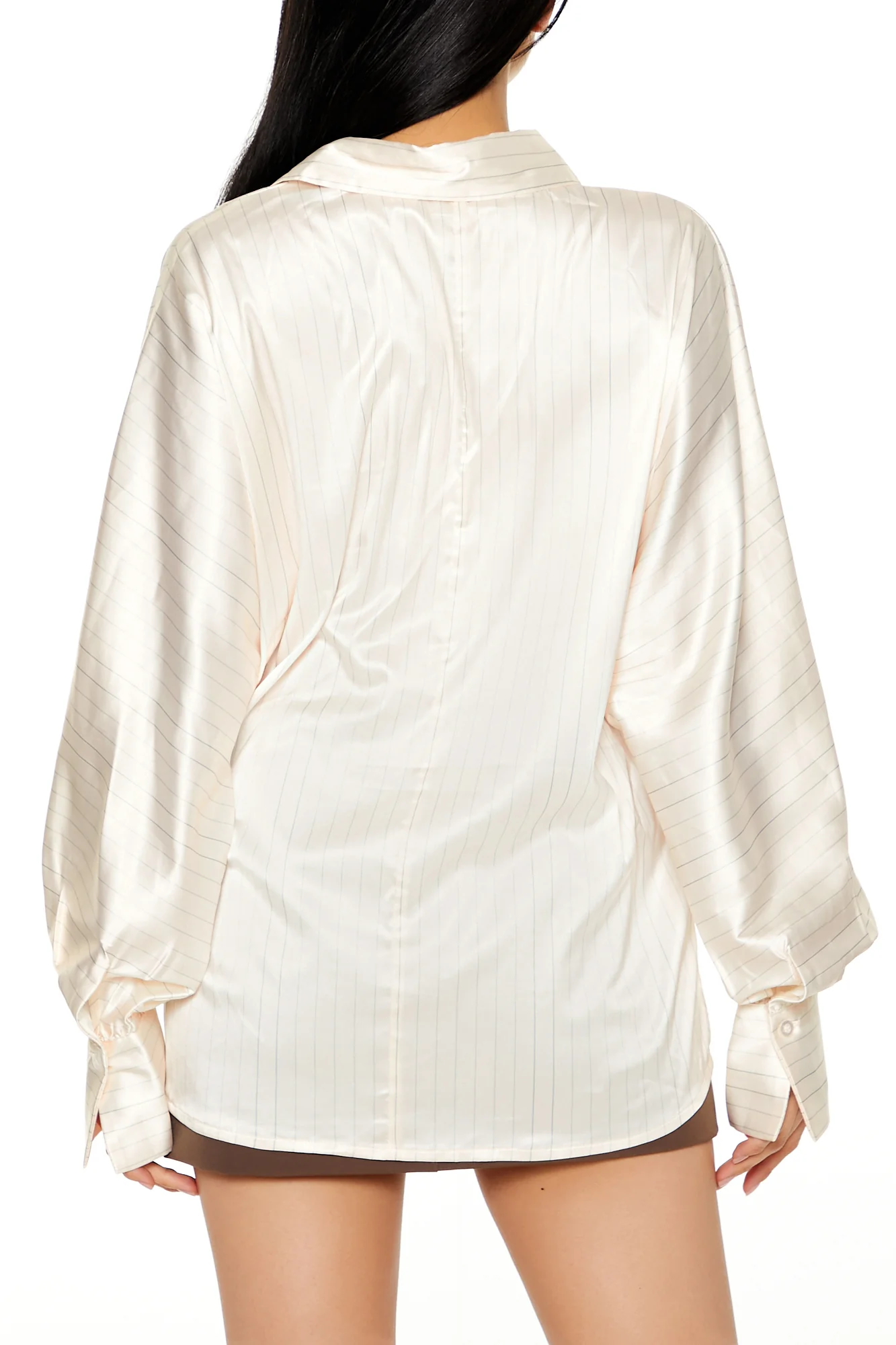 Long Sleeve Oversized Woven Button Down Top - Cream - Image 4