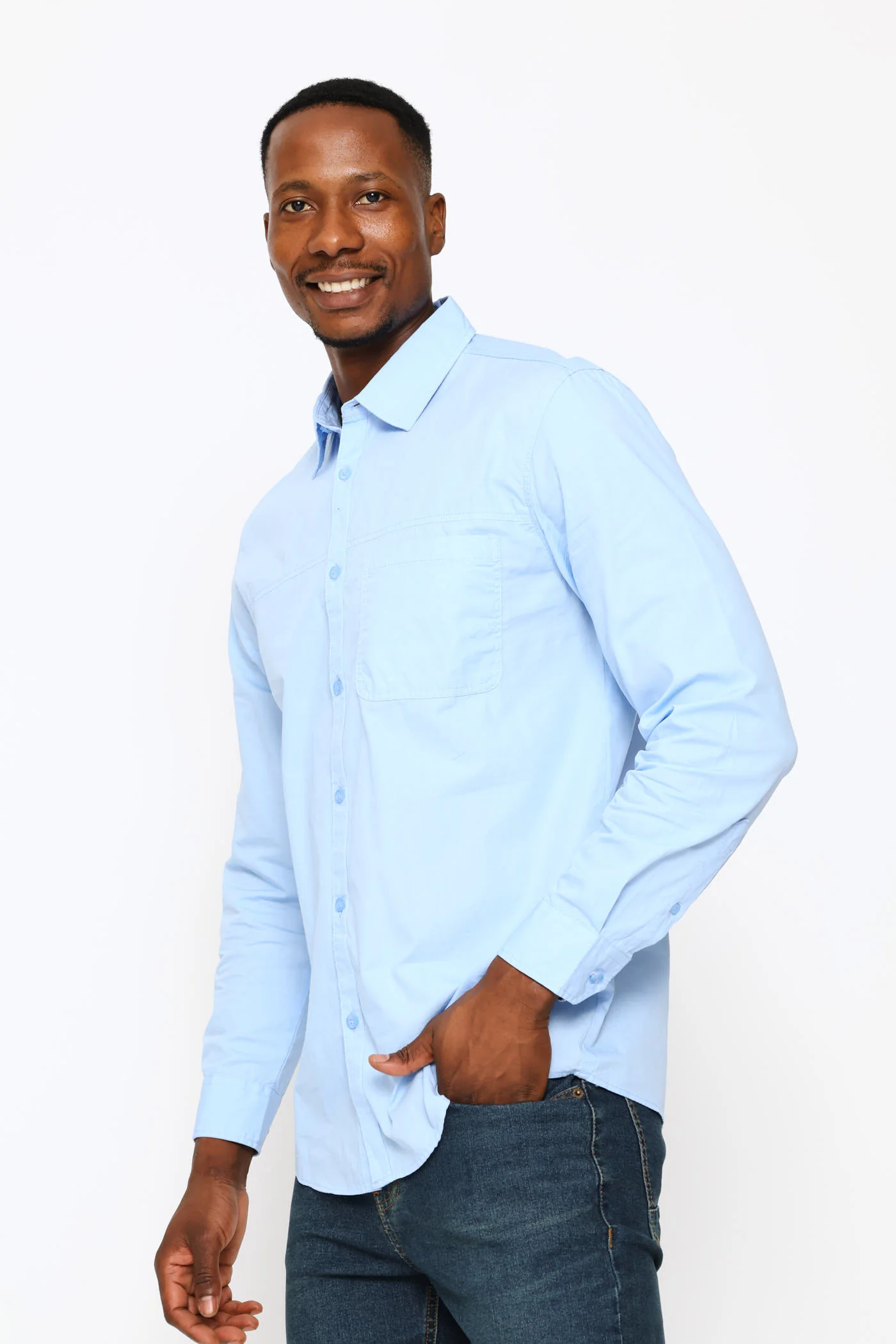 Long Sleeve Panel Poplin Shirt - Light Blue - Image 3