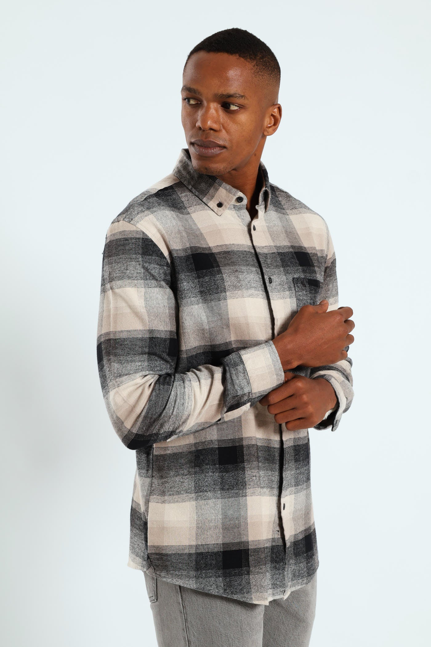 Long Sleeve Plaid Shirt - Stone - Image 3
