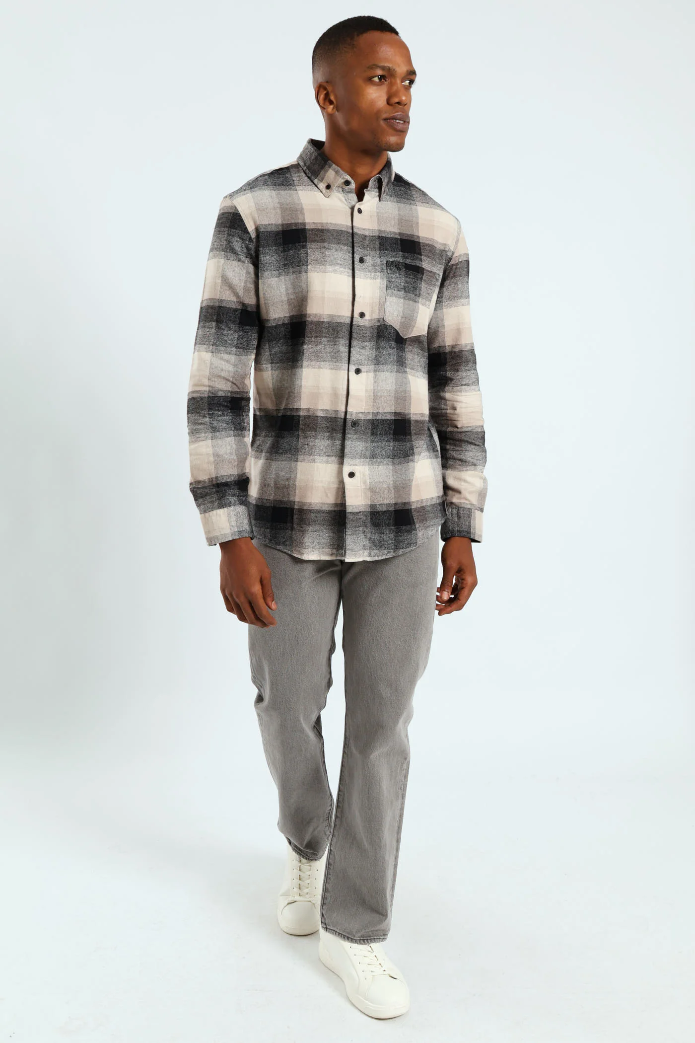 Long Sleeve Plaid Shirt - Stone - Image 5