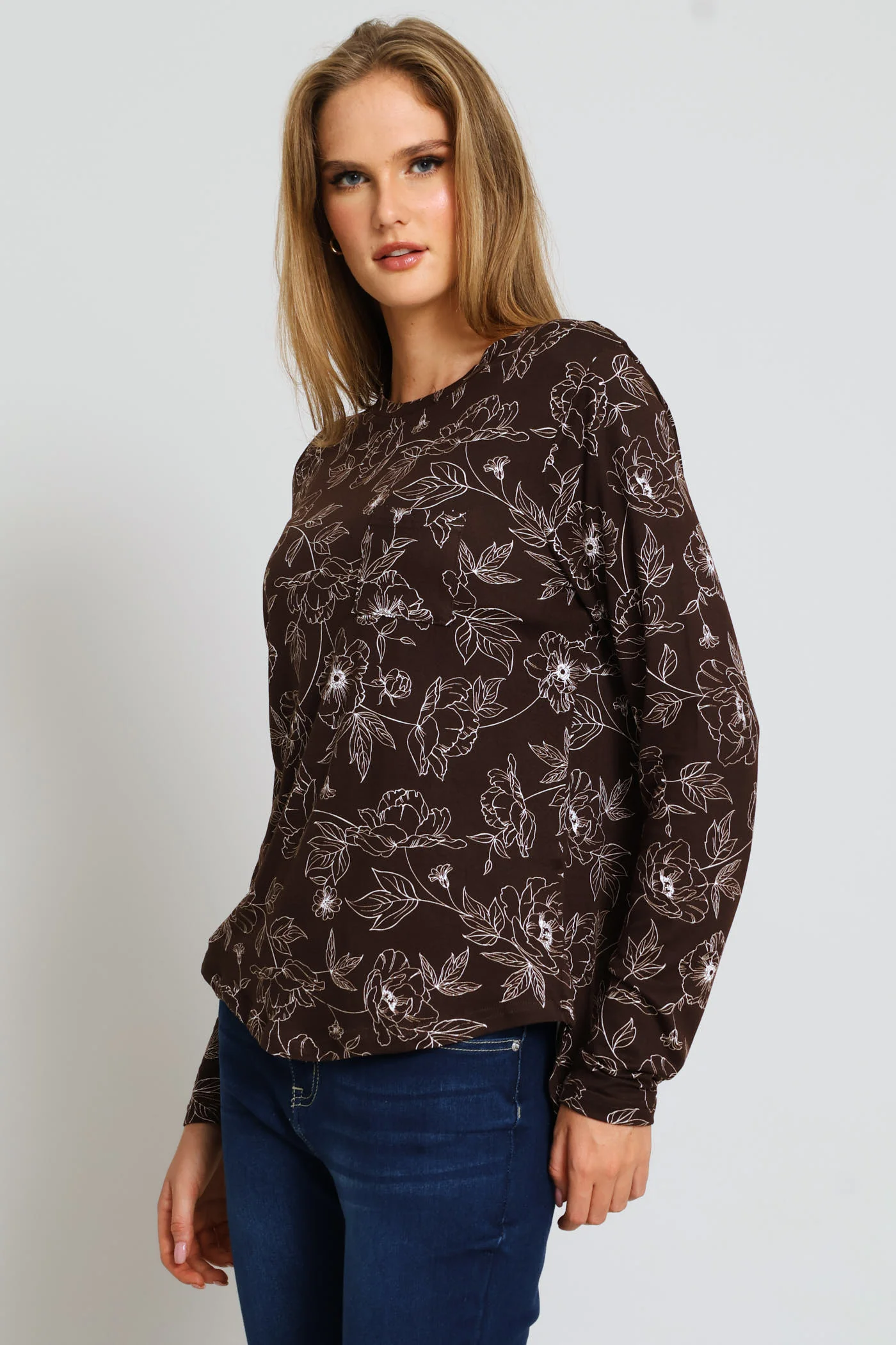Long Sleeve Print Pocket Crew Tee - Dark Chocolate - Image 3