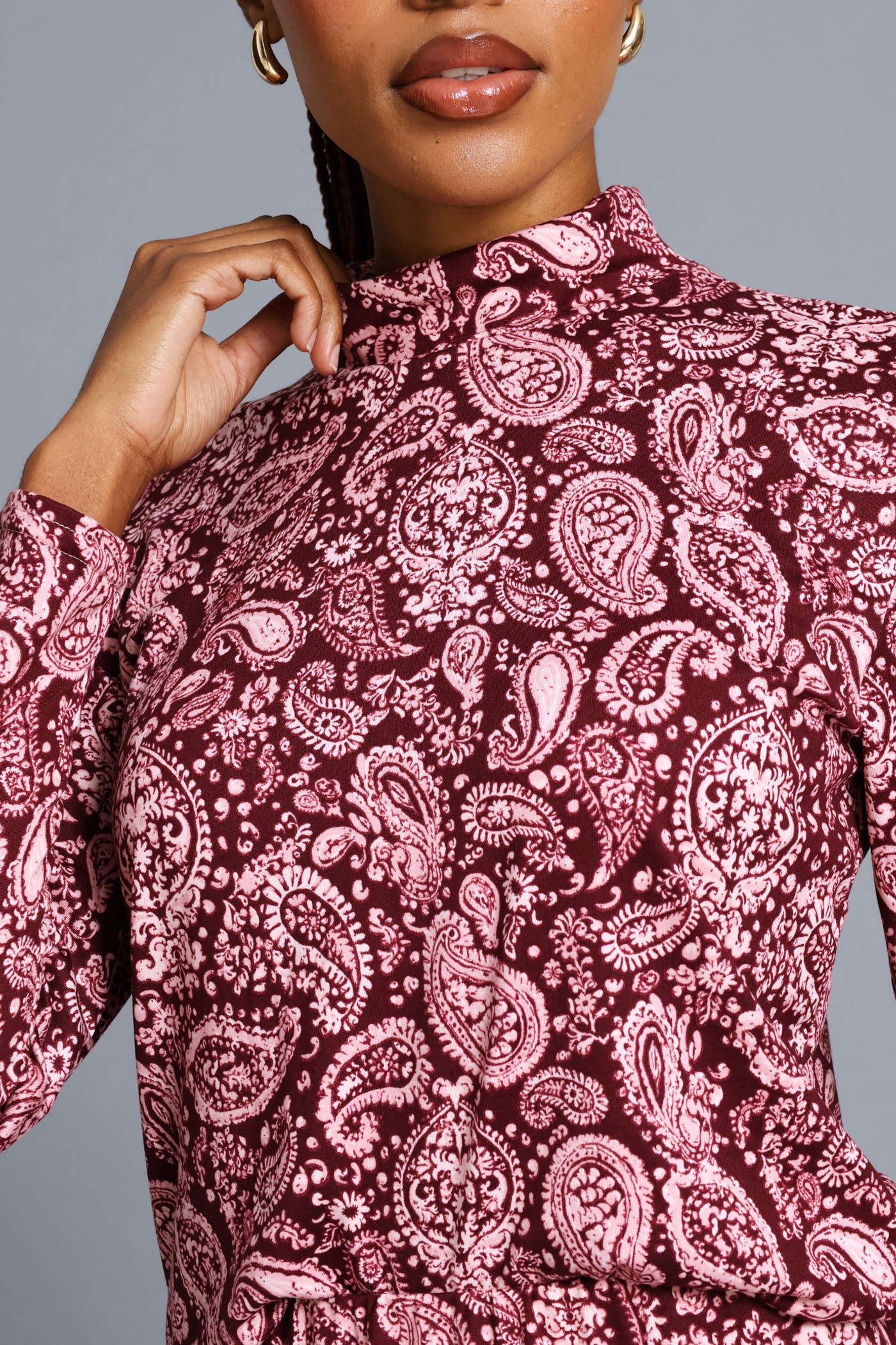 Long Sleeve Print Poloneck Top - Plum - Image 2