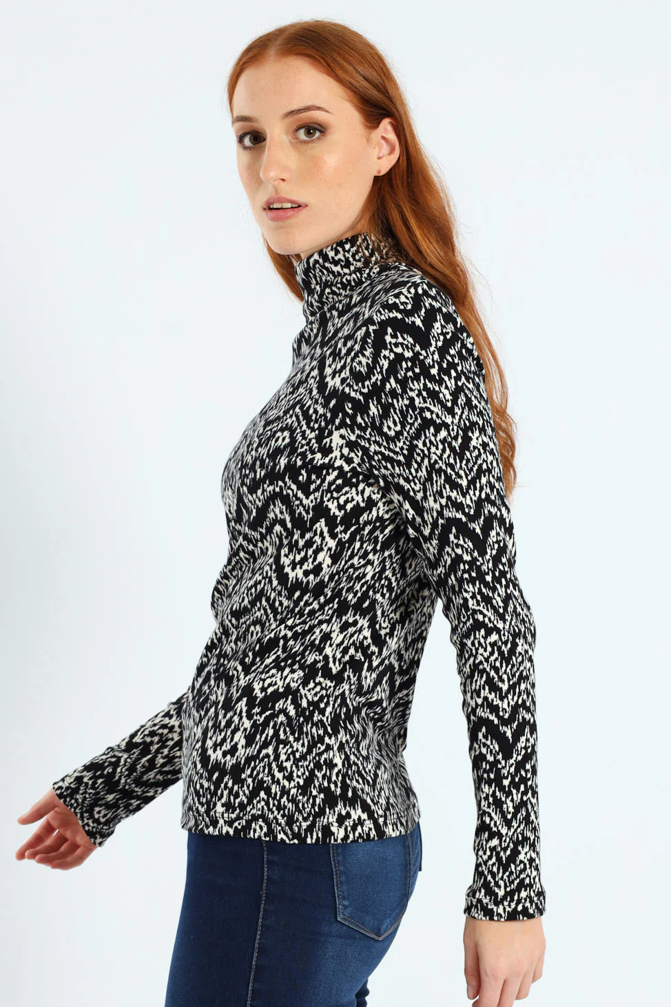 Long Sleeve Print Rib Poloneck - Black/White - Image 3