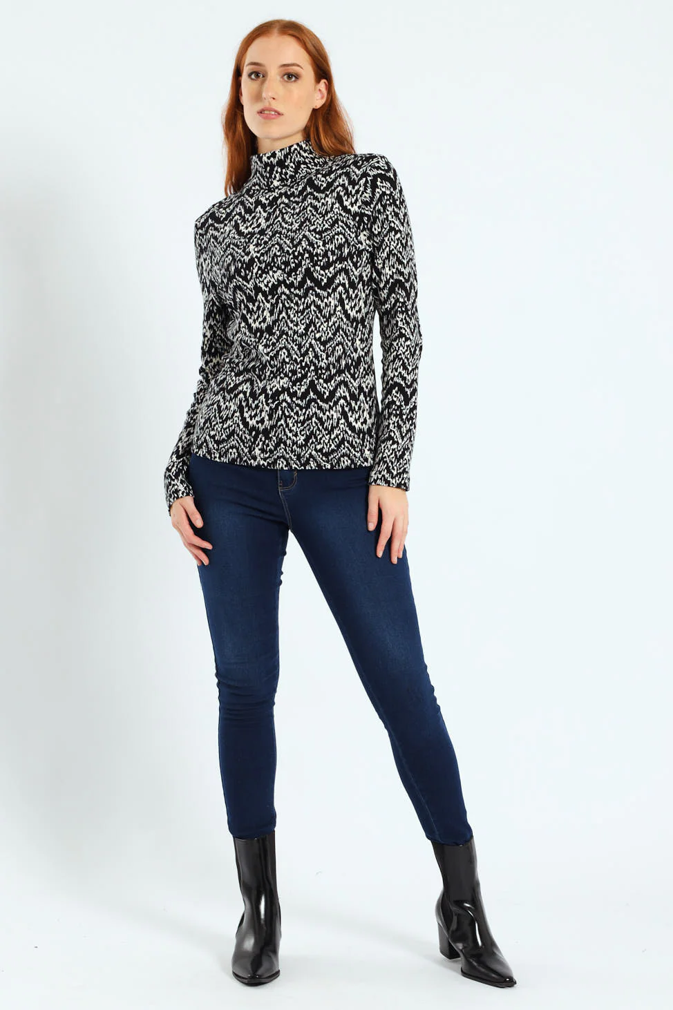 Long Sleeve Print Rib Poloneck - Black/White - Image 4