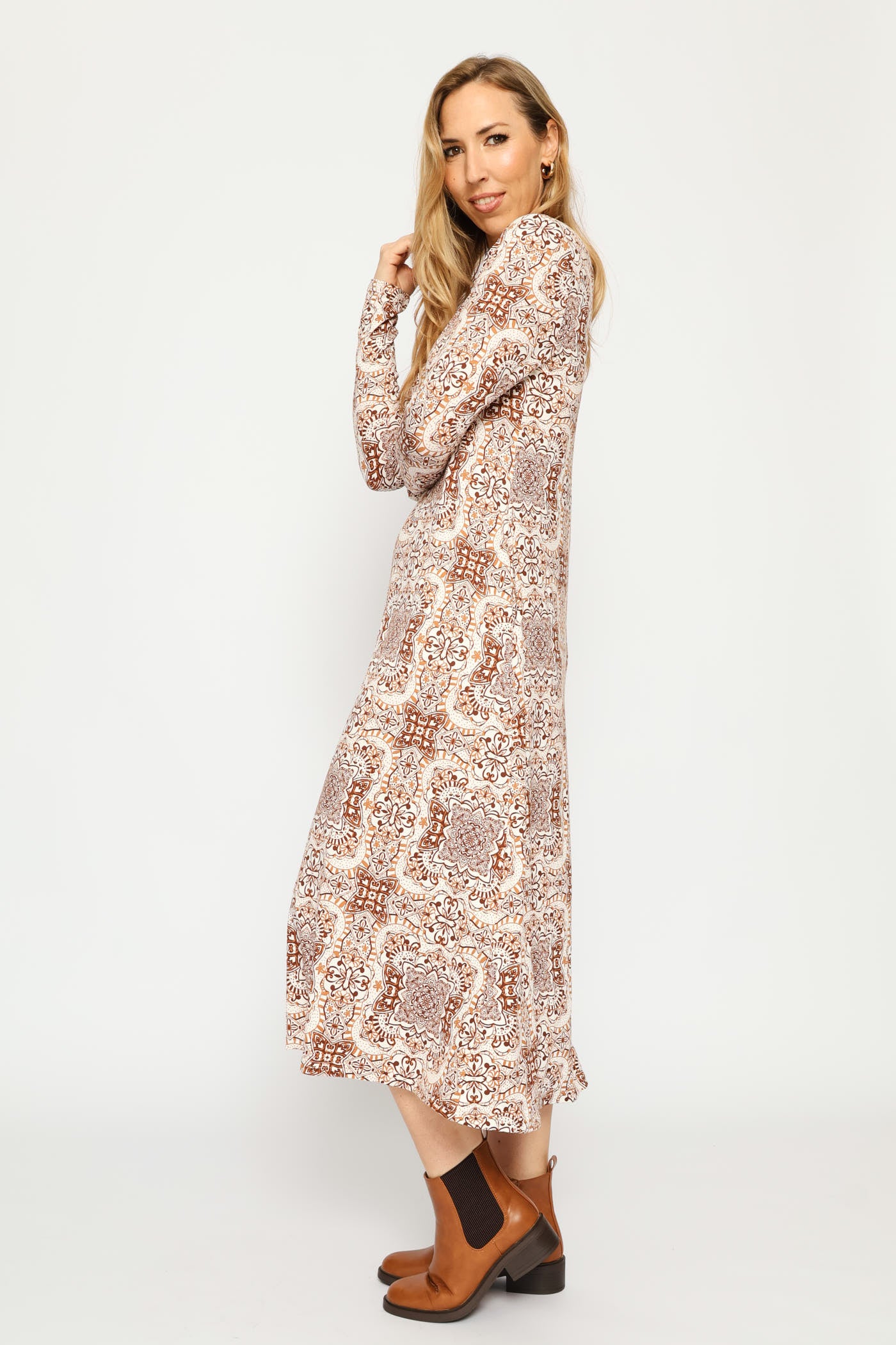 Long Sleeve Printed A-Line Midaxi Dress - Cream/Chocolate - Image 3