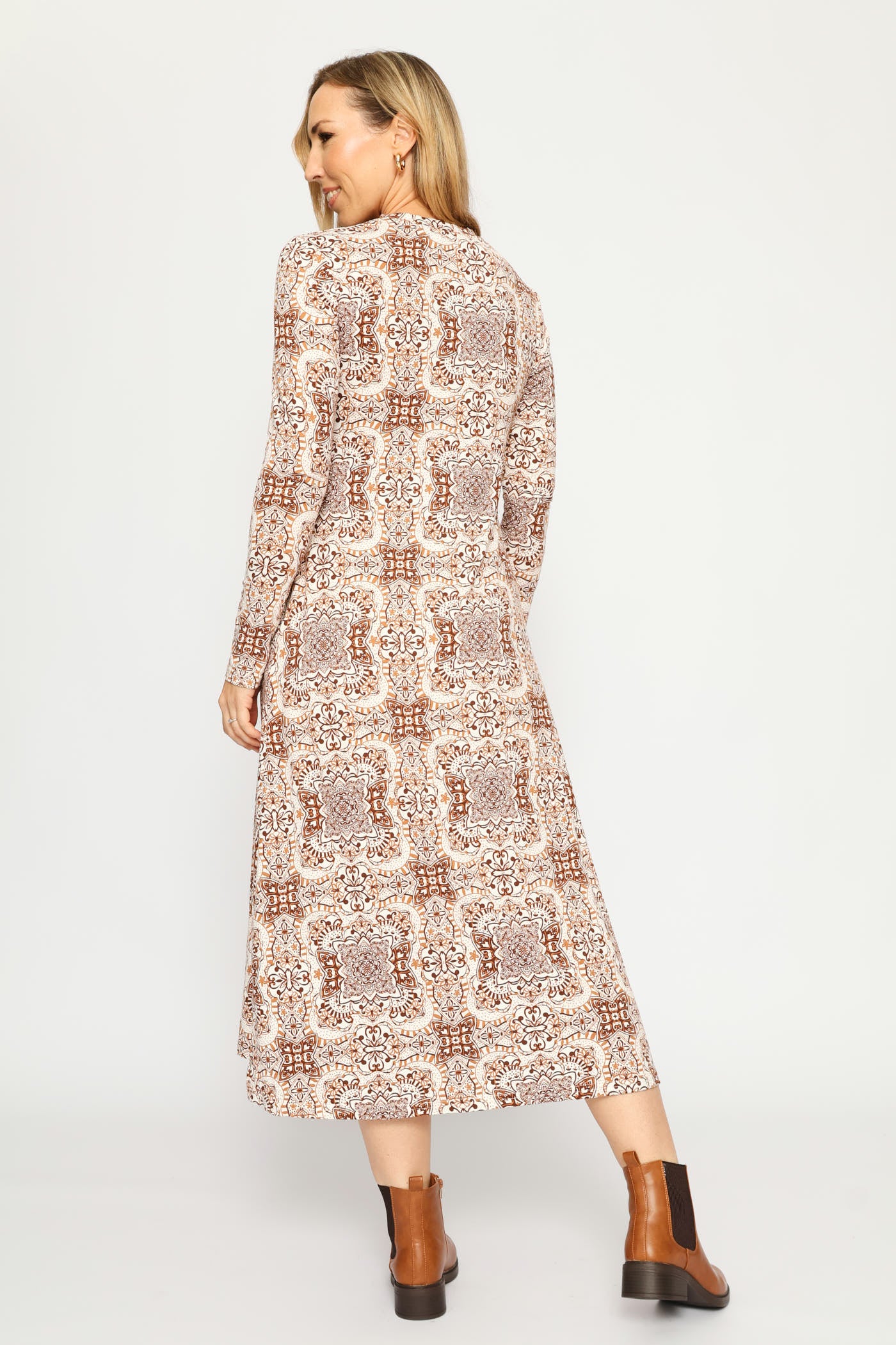 Long Sleeve Printed A-Line Midaxi Dress - Cream/Chocolate - Image 4