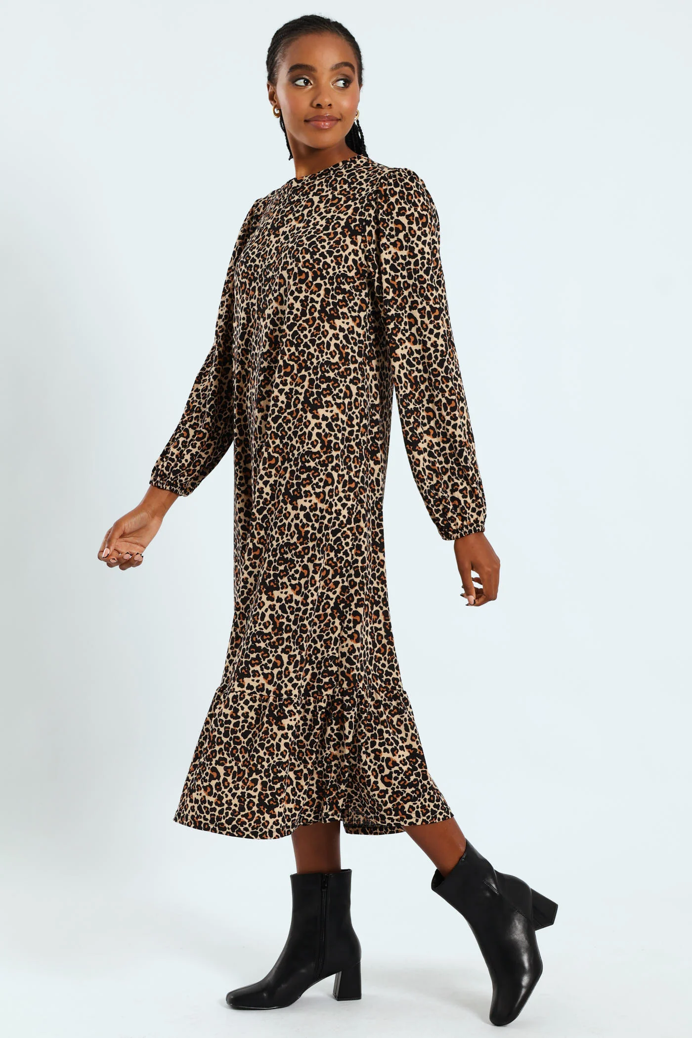 Long Sleeve Puff Sleeve Frill Hem Midi Dress - Image 3