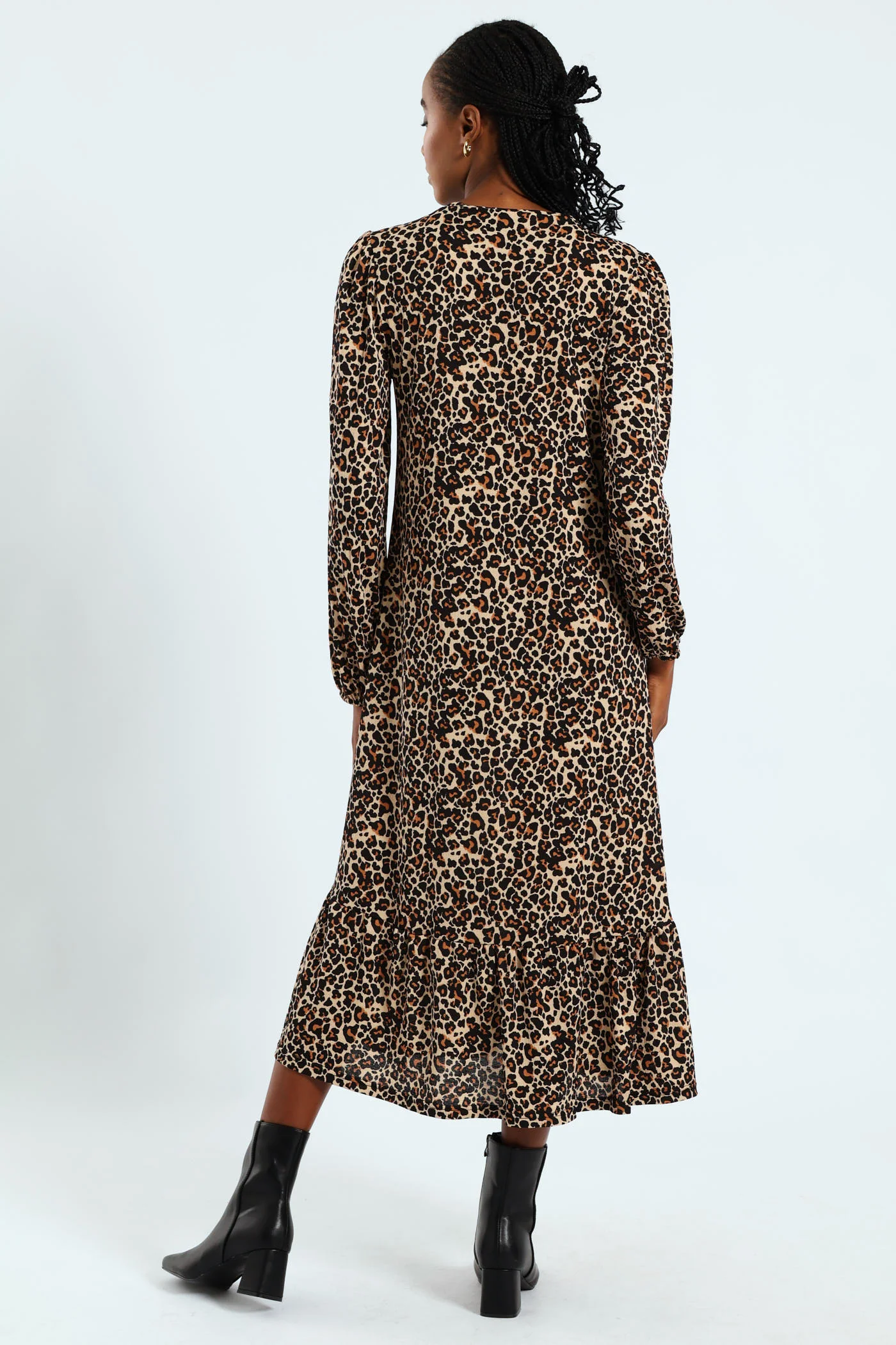 Long Sleeve Puff Sleeve Frill Hem Midi Dress - Image 4