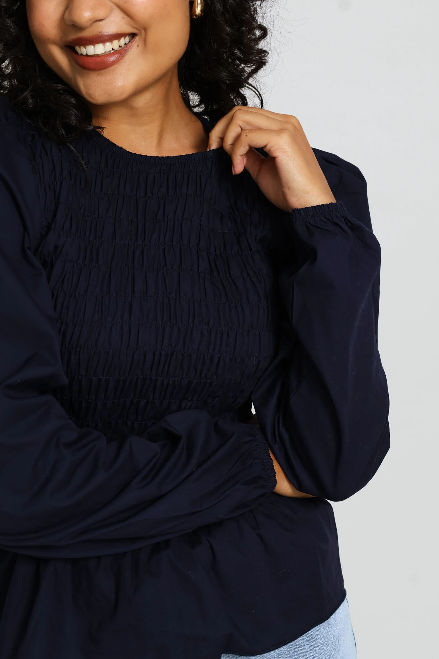 Long Sleeve Puff Sleeve Shirred Bodice Blouse - Midnight Blue - Image 2
