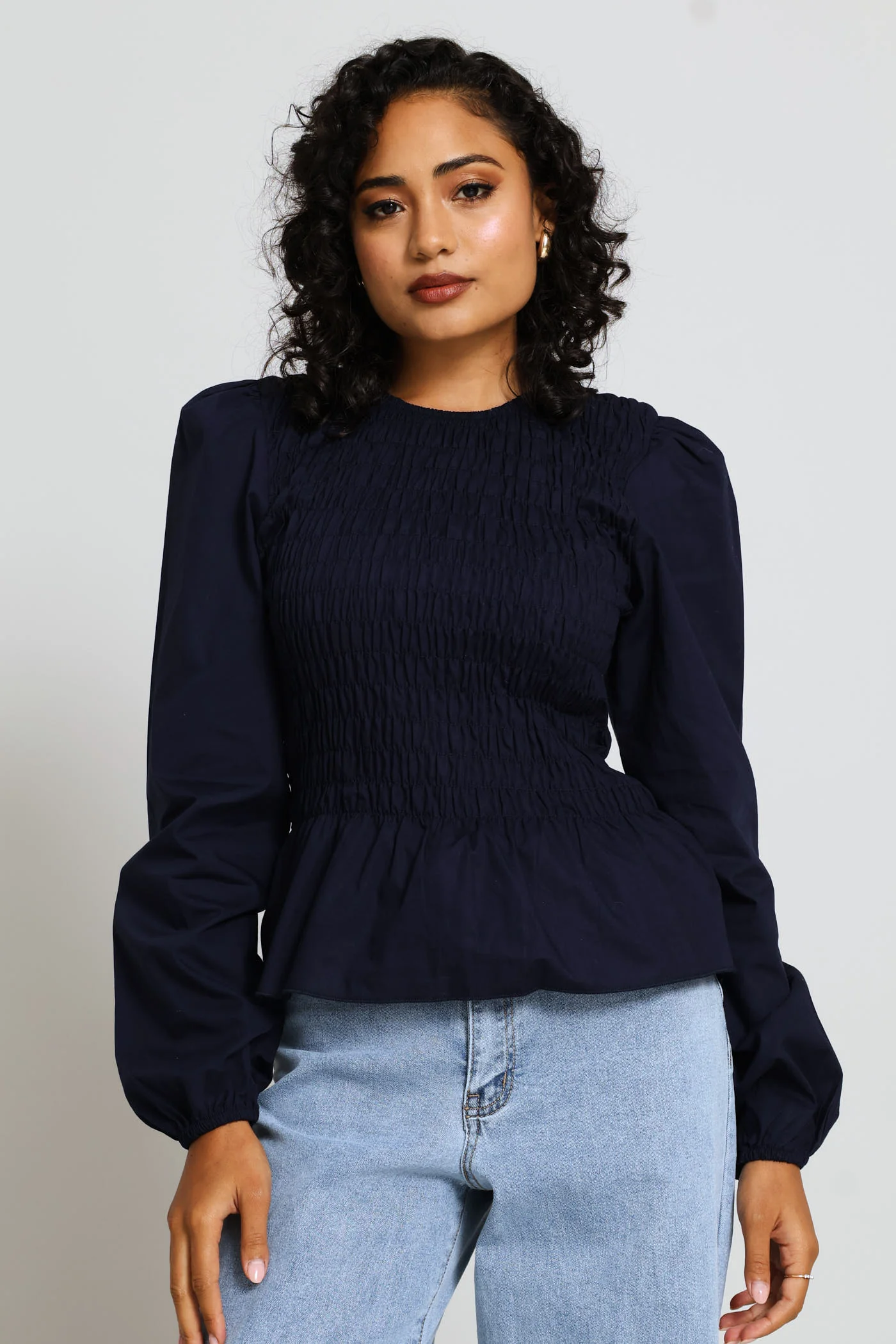 Long Sleeve Puff Sleeve Shirred Bodice Blouse - Midnight Blue - Image 3