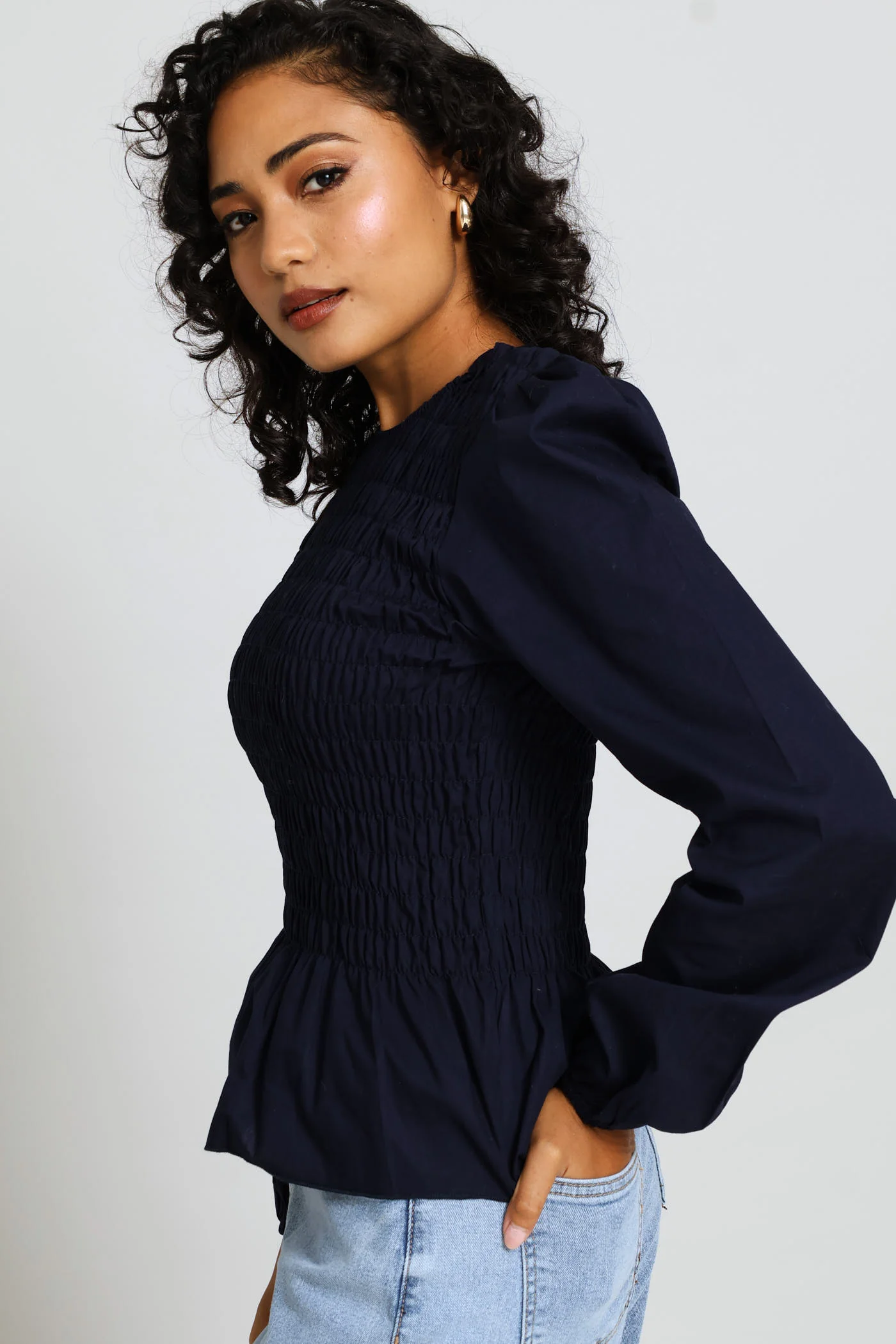Long Sleeve Puff Sleeve Shirred Bodice Blouse - Midnight Blue - Image 4