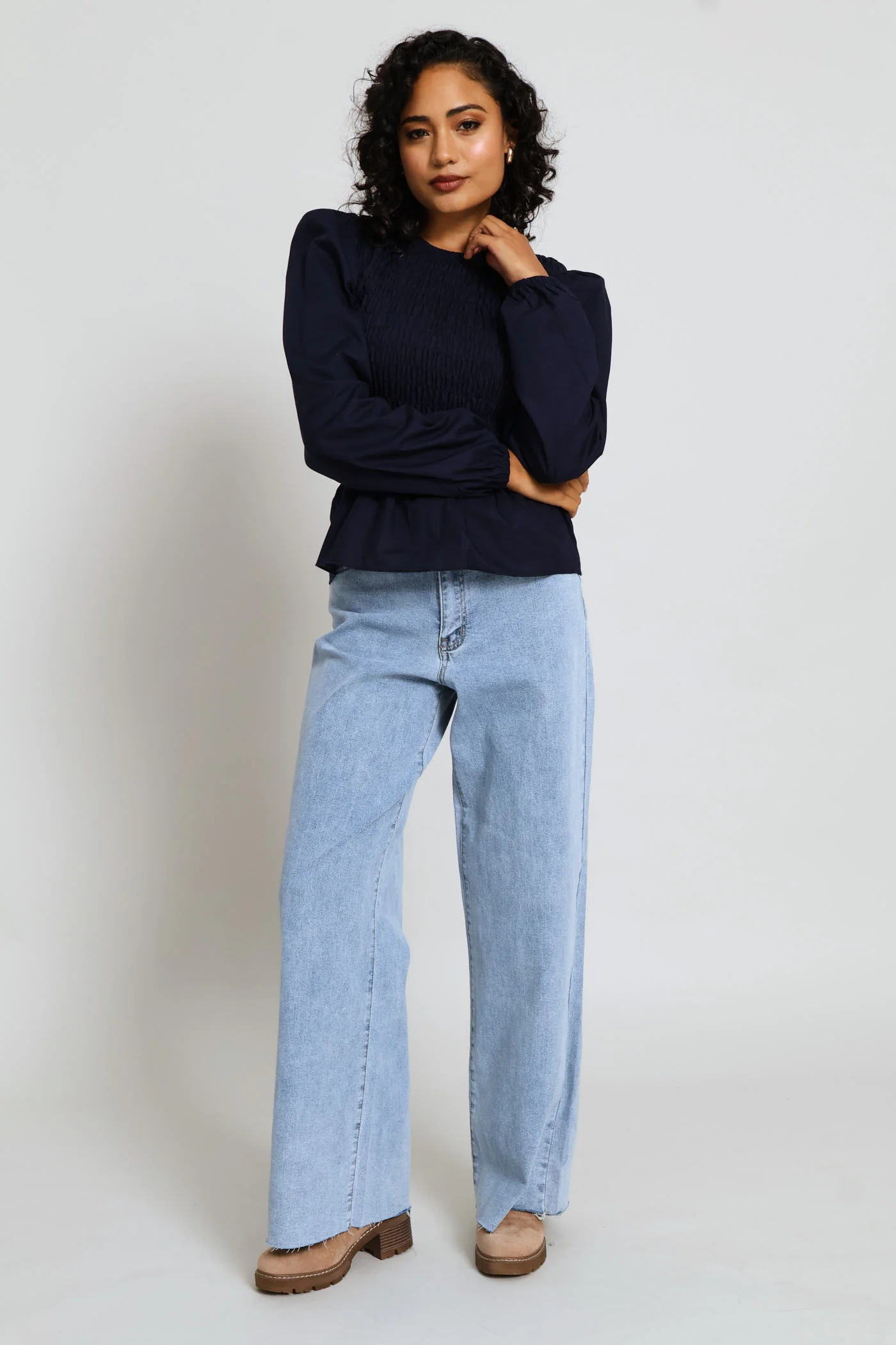 Long Sleeve Puff Sleeve Shirred Bodice Blouse - Midnight Blue - Image 6