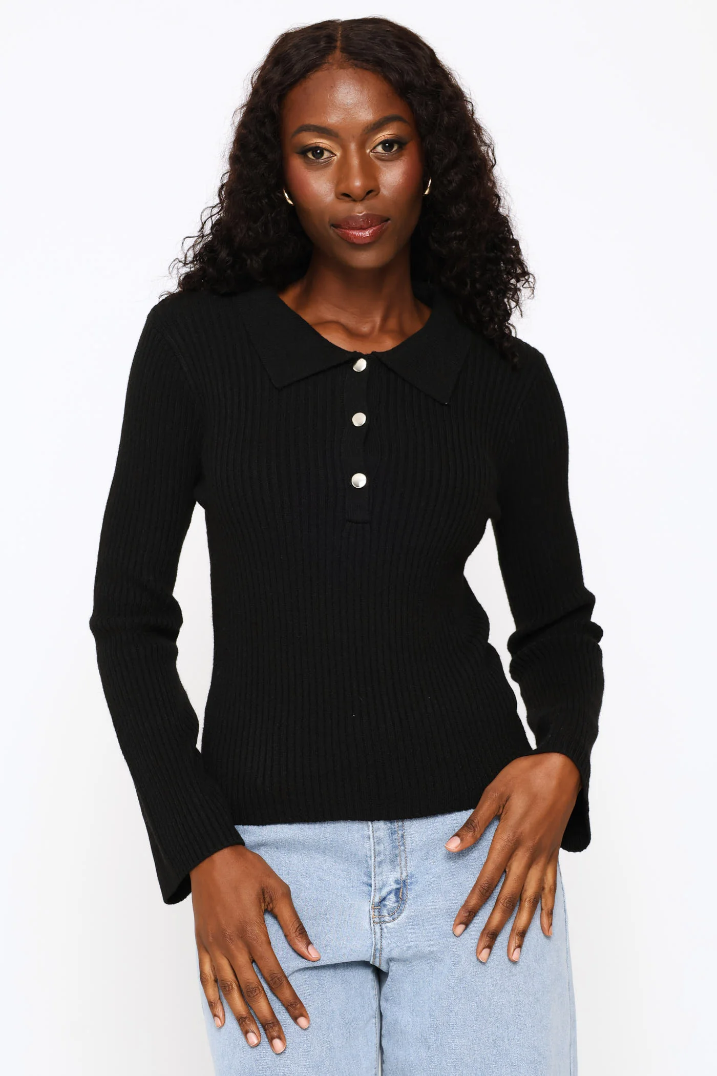 Long Sleeve Quarter Button Pullover - Black - Image 6