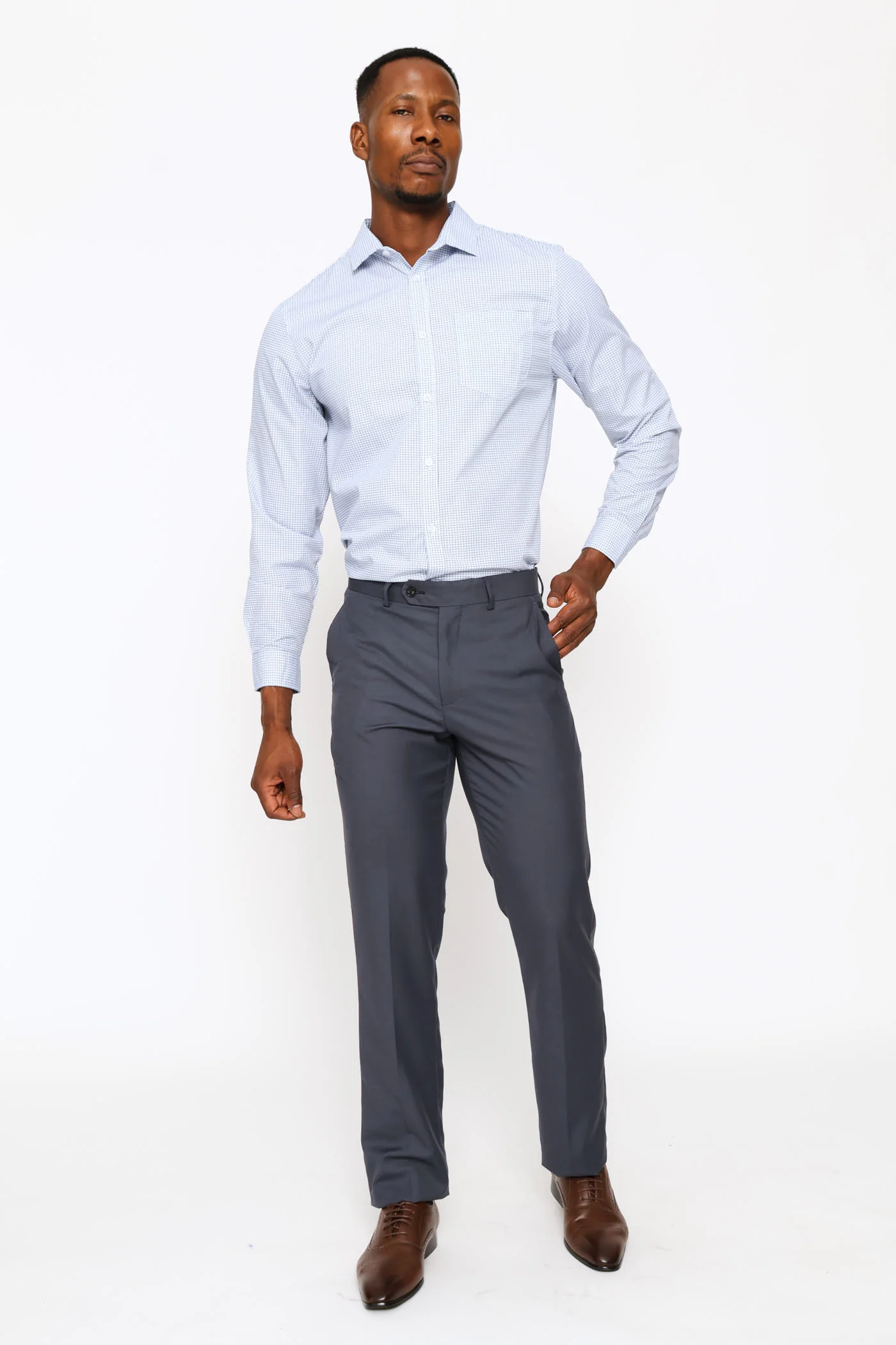 Long Sleeve Regular Fine Grid Check Printed Shirt - White/Blue - Image 5