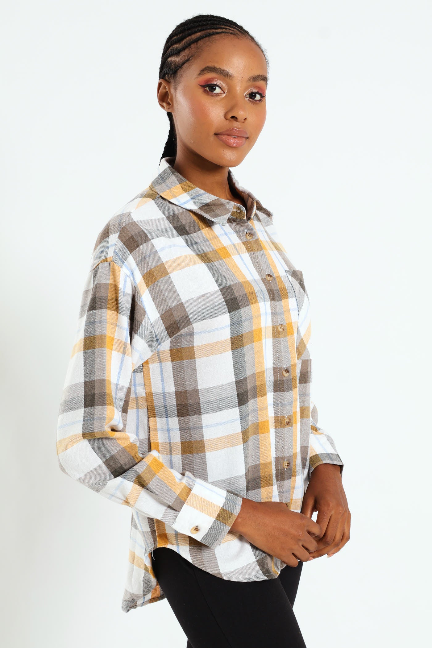 Long Sleeve Regular Length Check Shacket - Mustard/Blue - Image 2