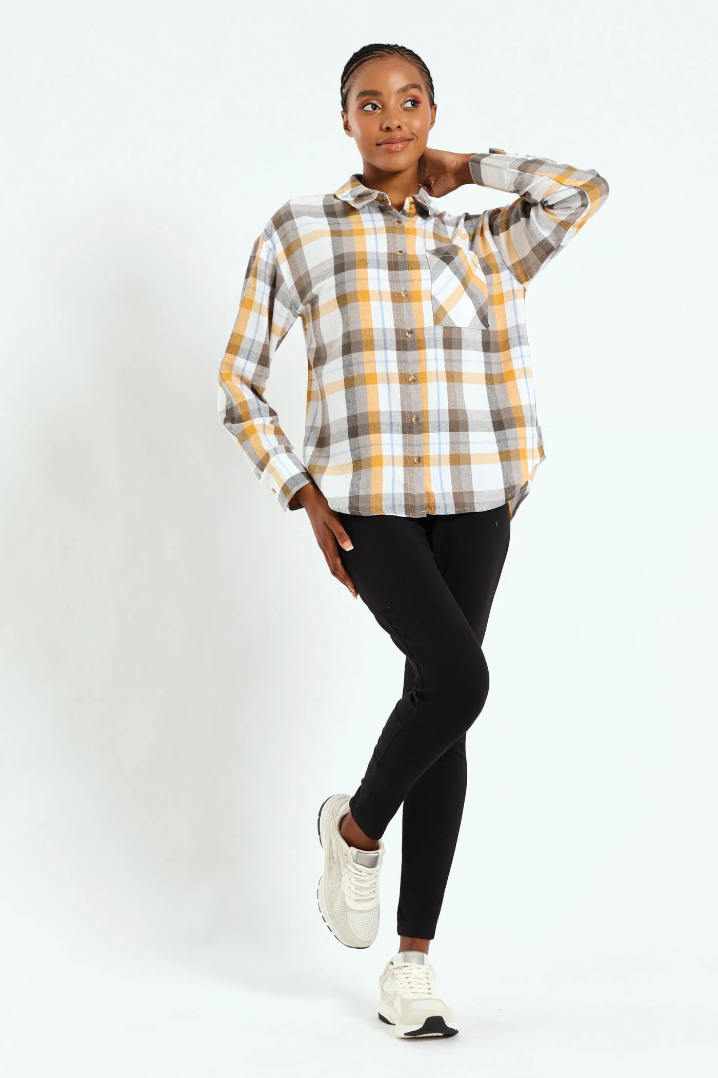 Long Sleeve Regular Length Check Shacket - Mustard/Blue - Image 4