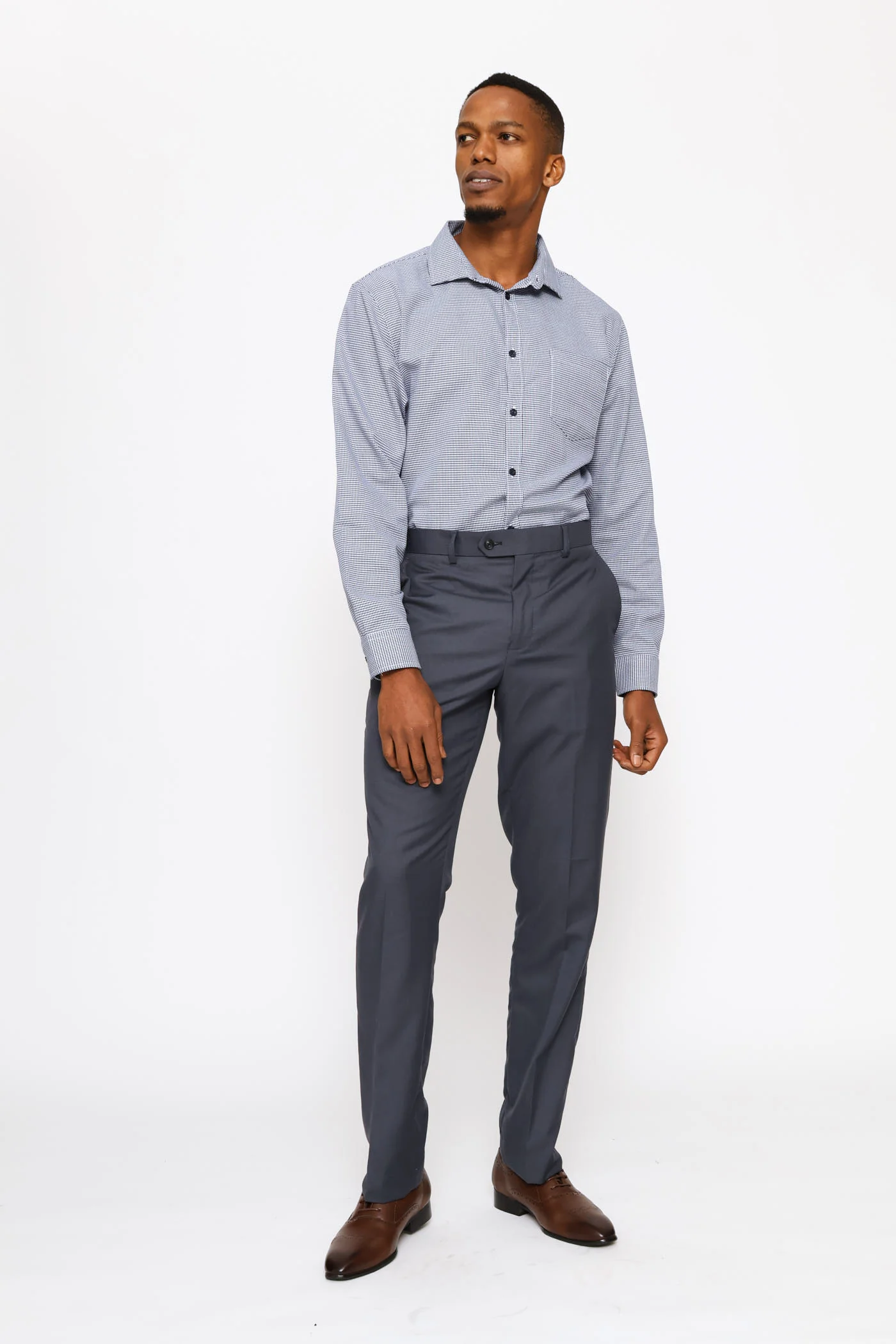 Long Sleeve Regular Mini Houndstooth Textured Shirt - White/Navy - Image 2