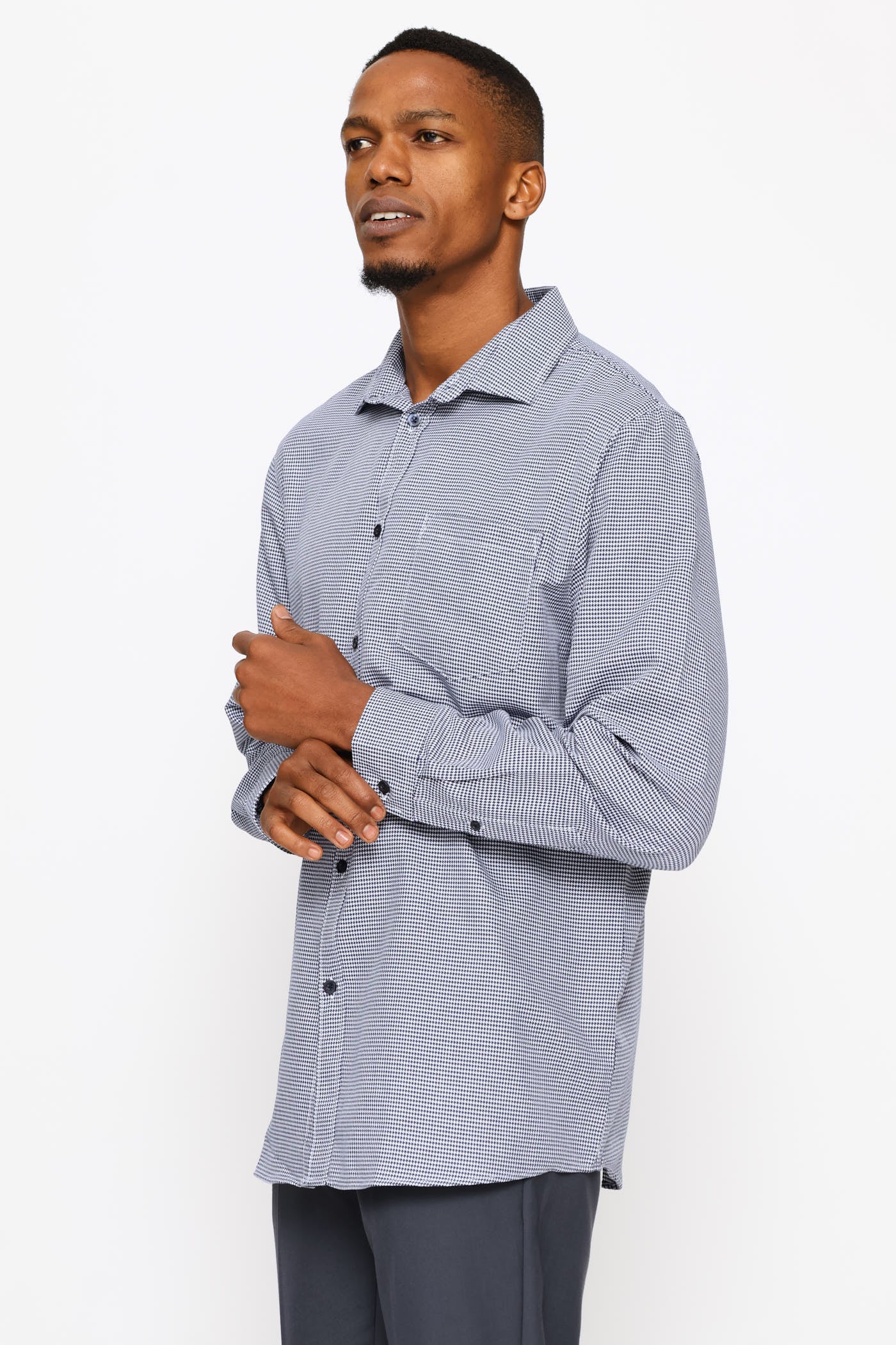 Long Sleeve Regular Mini Houndstooth Textured Shirt - White/Navy - Image 3