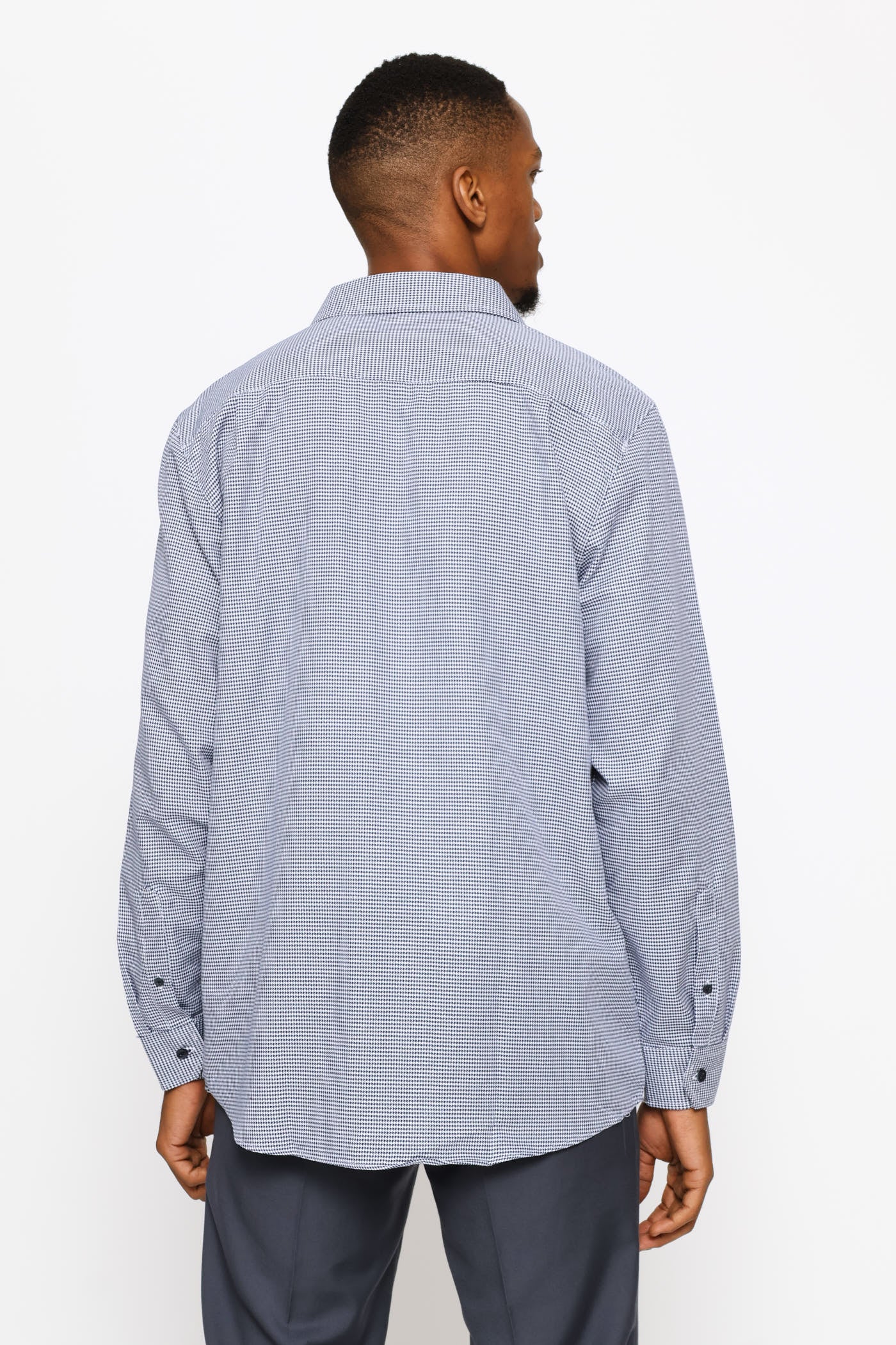Long Sleeve Regular Mini Houndstooth Textured Shirt - White/Navy - Image 4