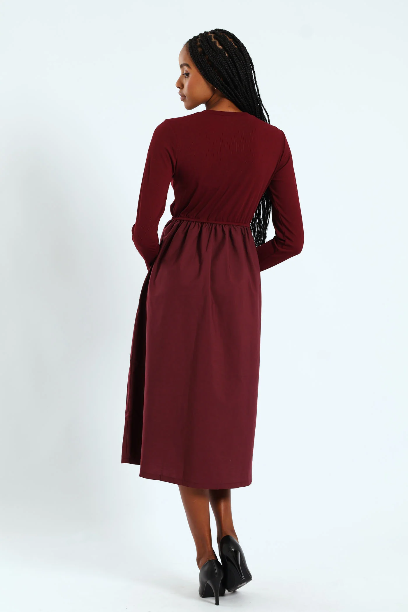 Long Sleeve Rib Combo Midi Dress - Image 2