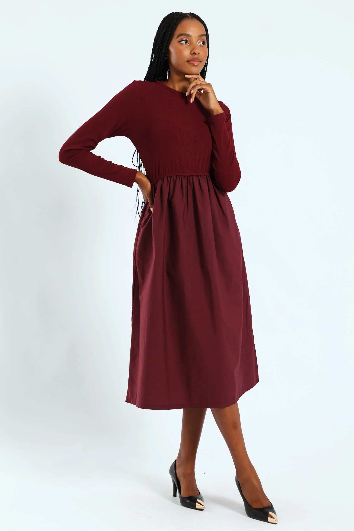 Long Sleeve Rib Combo Midi Dress - Image 4