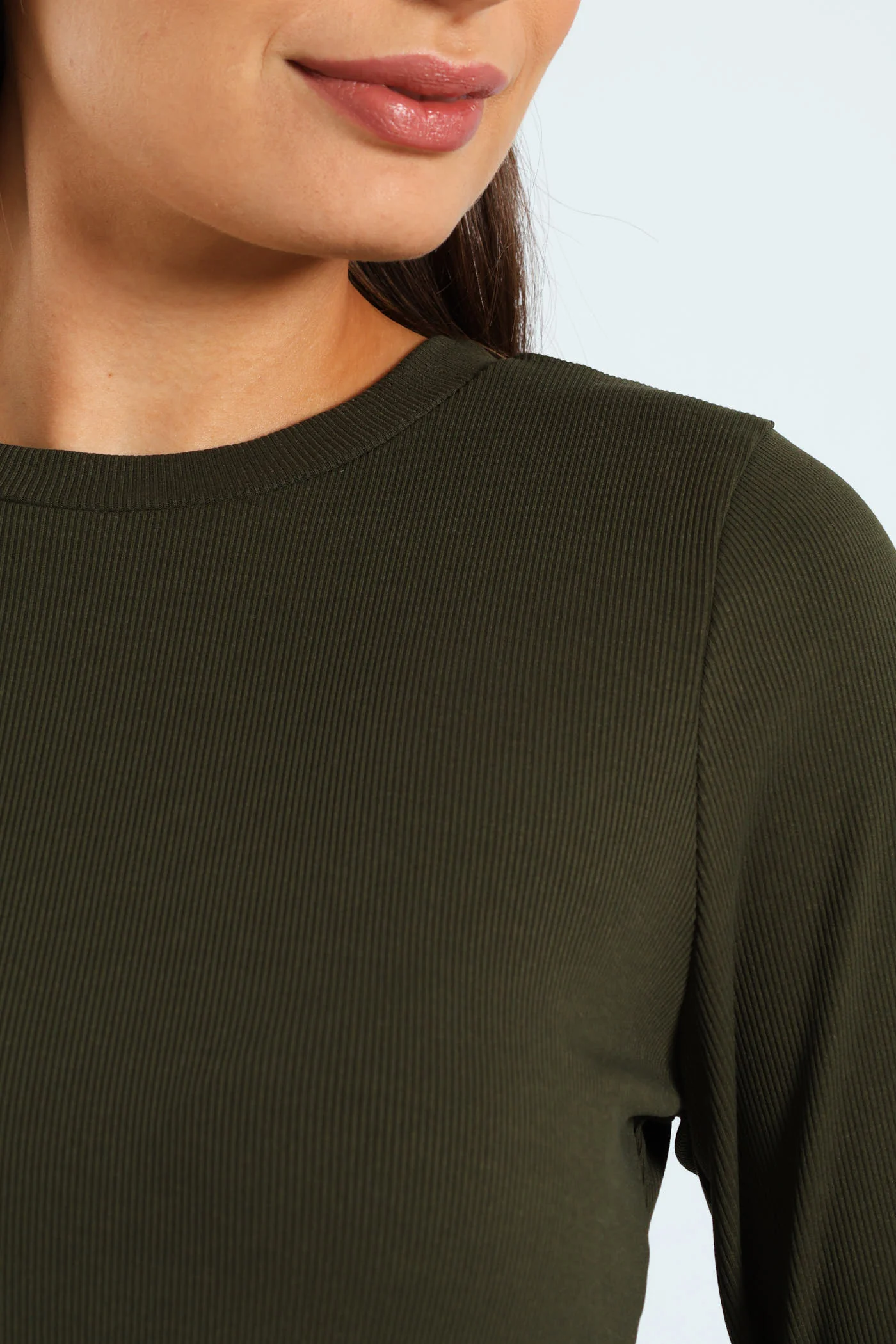 Long Sleeve Rib Combo Midi Dress - Dark Fatigue - Image 2