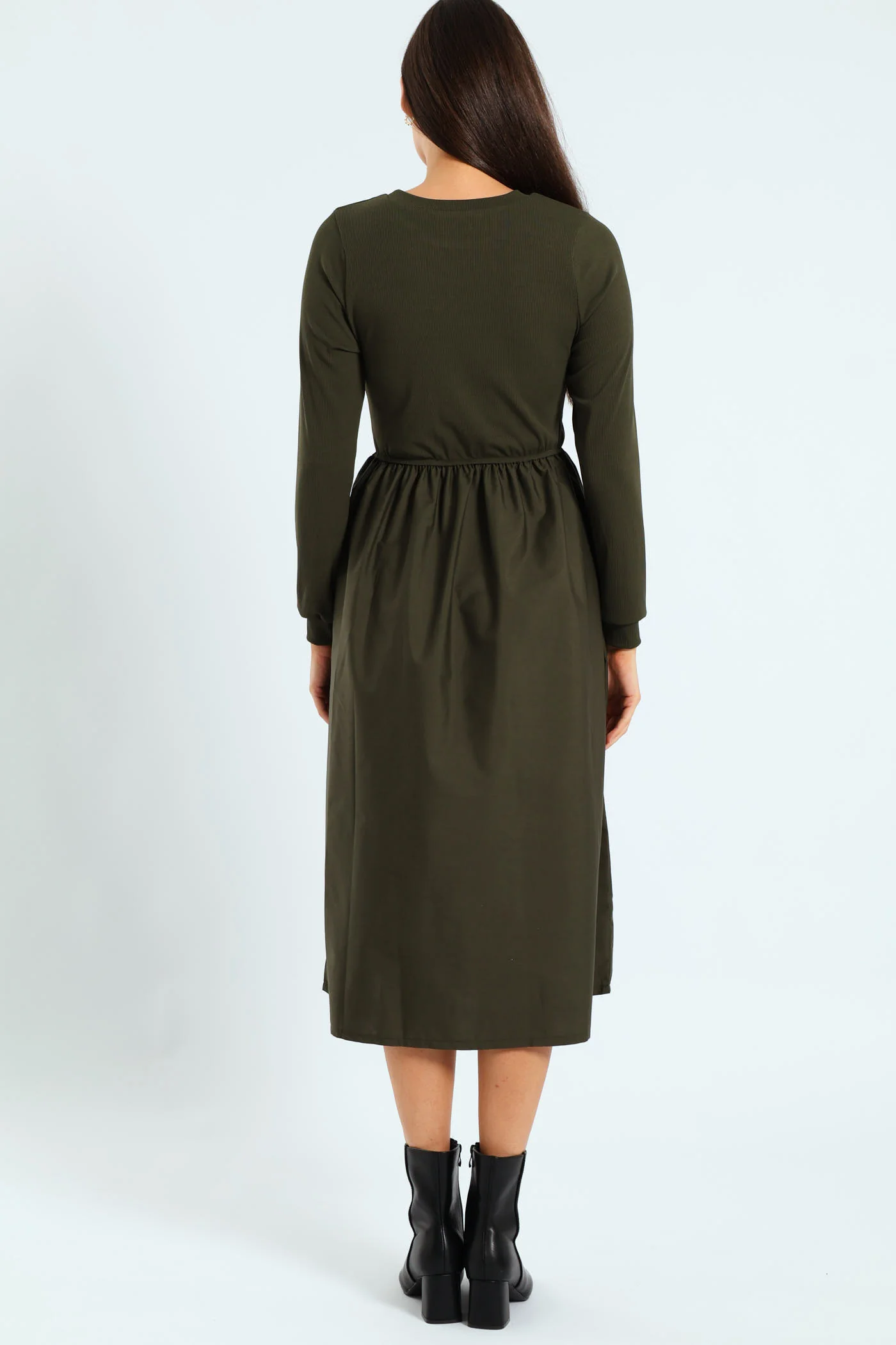 Long Sleeve Rib Combo Midi Dress - Dark Fatigue - Image 3