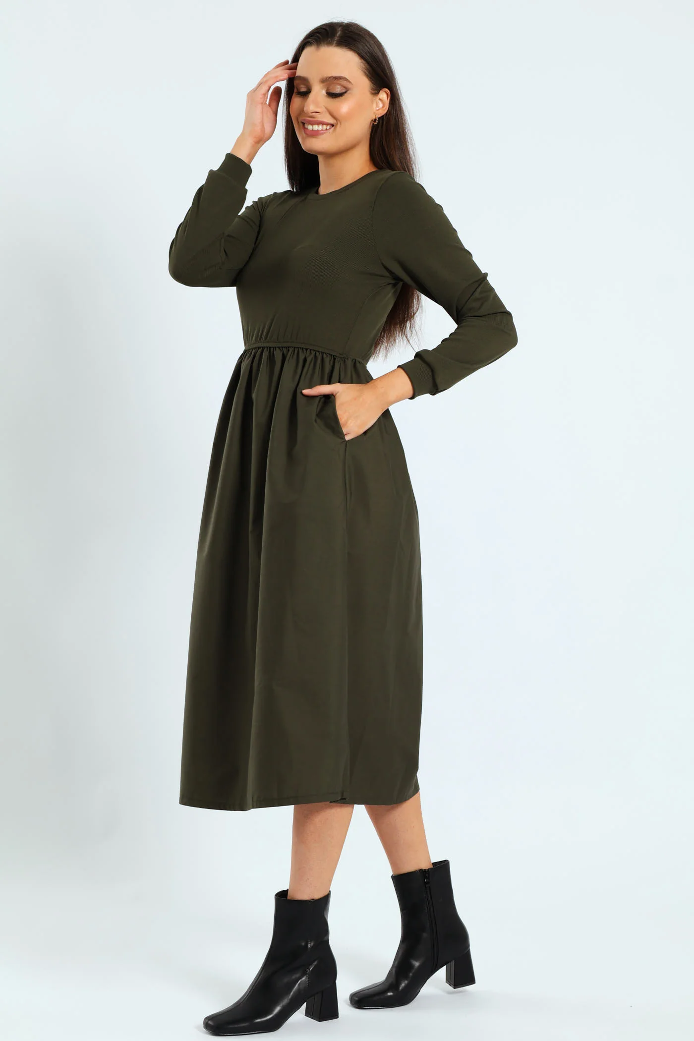 Long Sleeve Rib Combo Midi Dress - Dark Fatigue - Image 4
