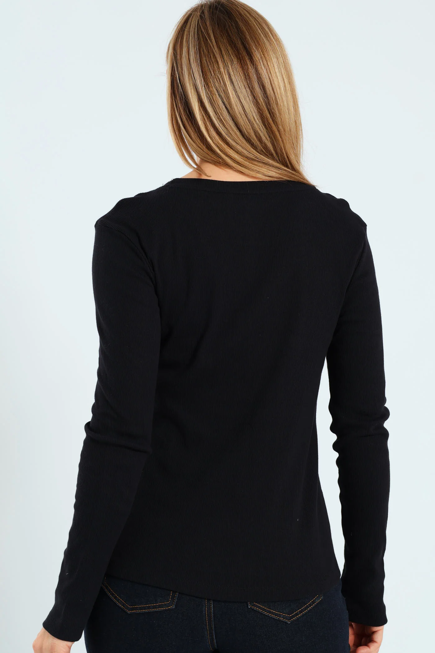 Long Sleeve Rib Crew Top - Black - Image 3
