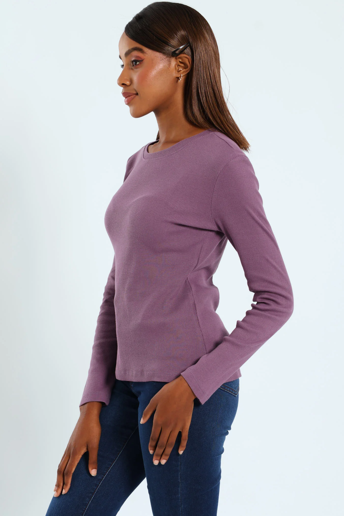 Long Sleeve Rib Crew Top - Plum - Image 3