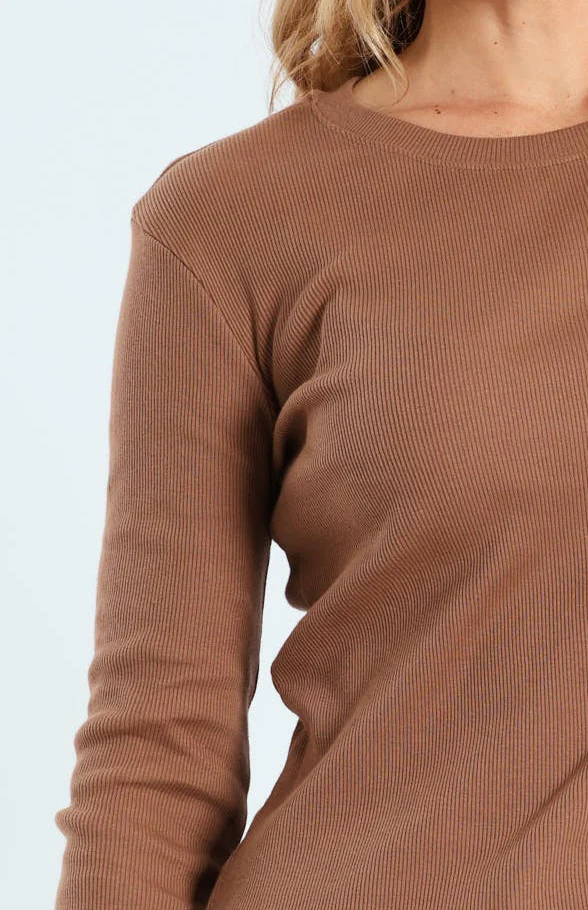 Long Sleeve Rib Crew Top - Rich Cocoa - Image 3