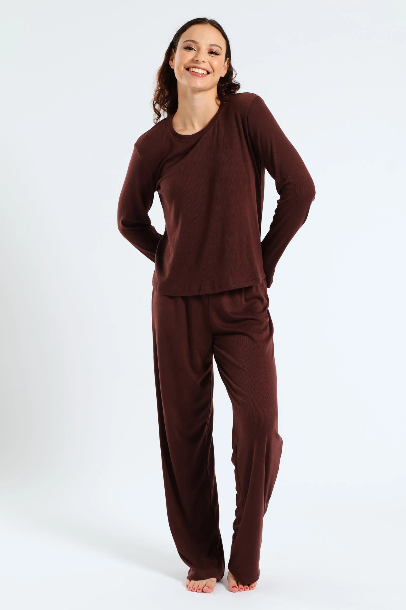 Long Sleeve Rib Knit Tee - Brown - Image 2