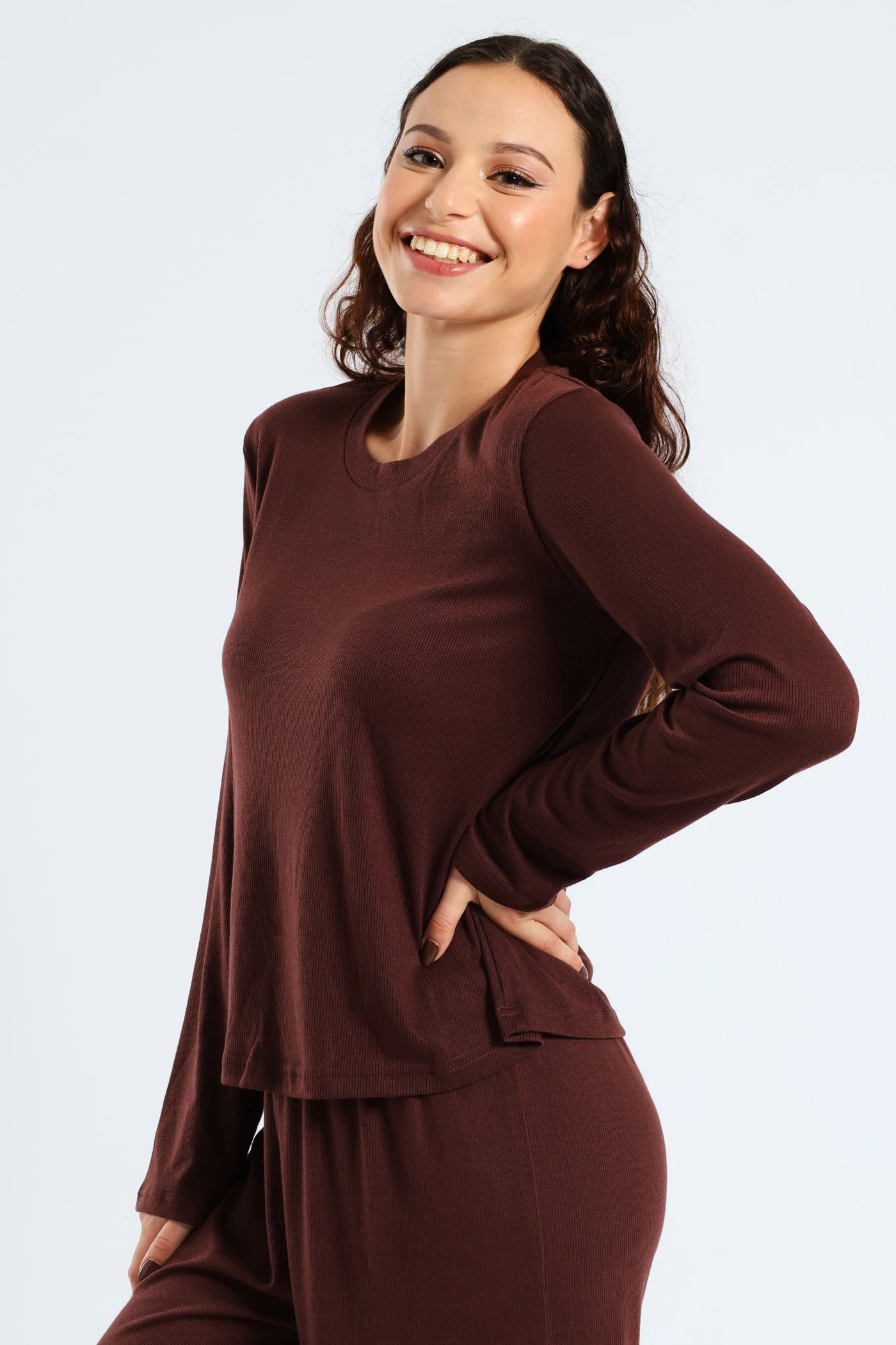 Long Sleeve Rib Knit Tee - Brown - Image 3