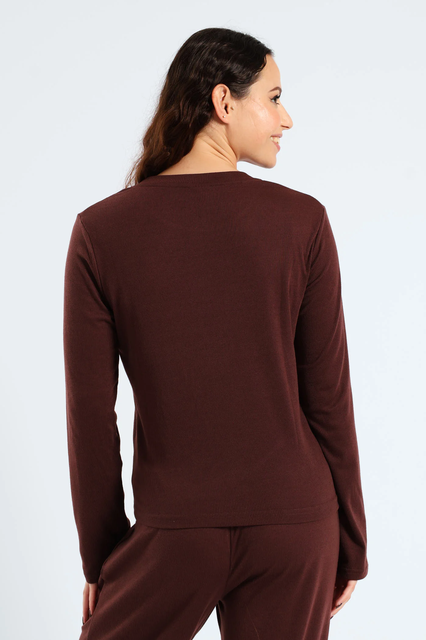 Long Sleeve Rib Knit Tee - Brown - Image 4