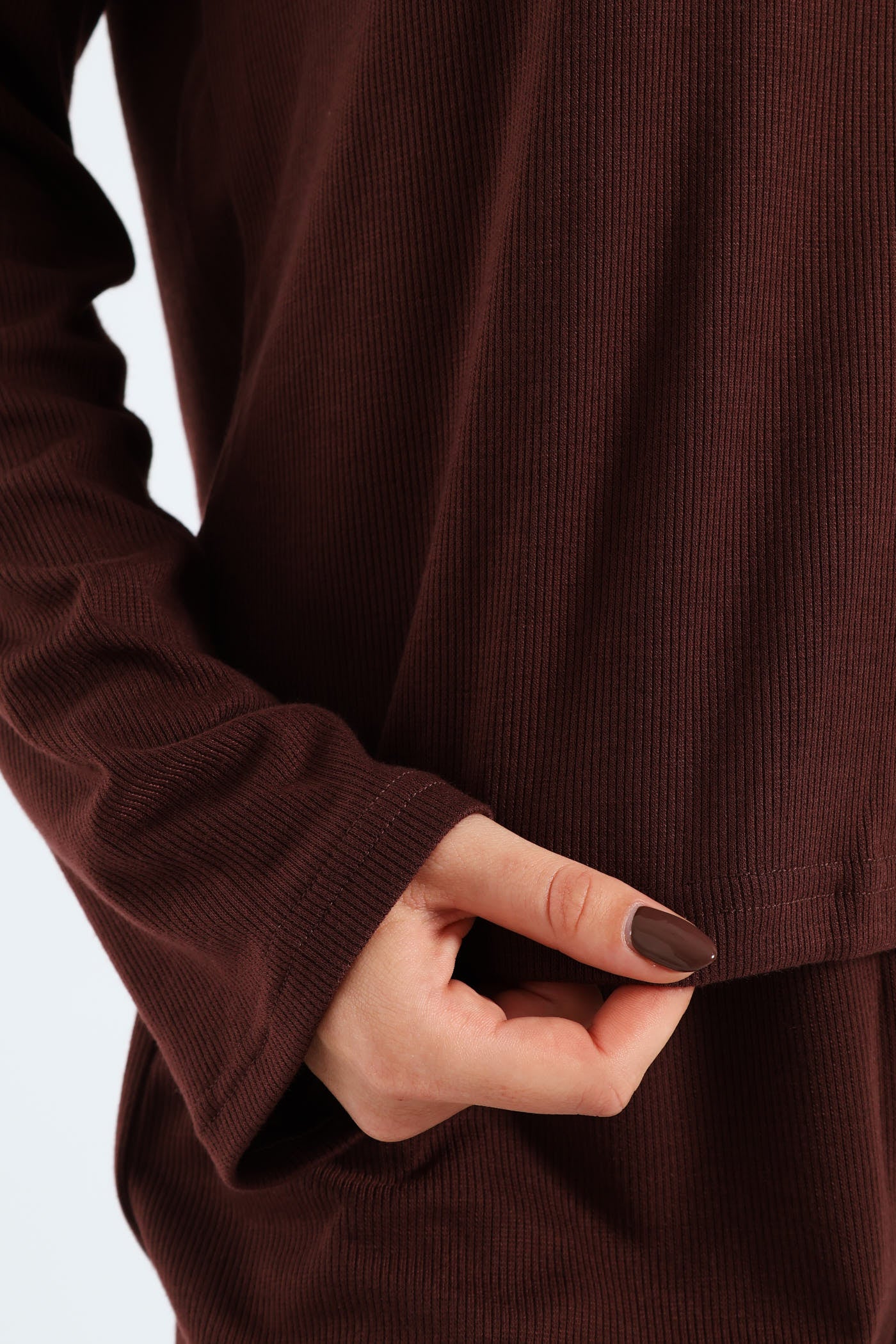 Long Sleeve Rib Knit Tee - Brown - Image 5