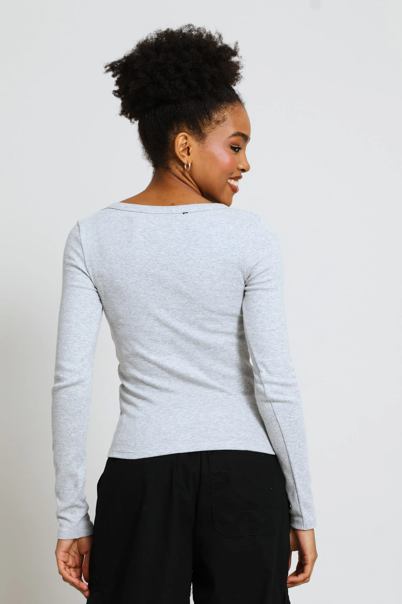 Long Sleeve Rib Square Neck Basic Tee - Grey Melange - Image 4