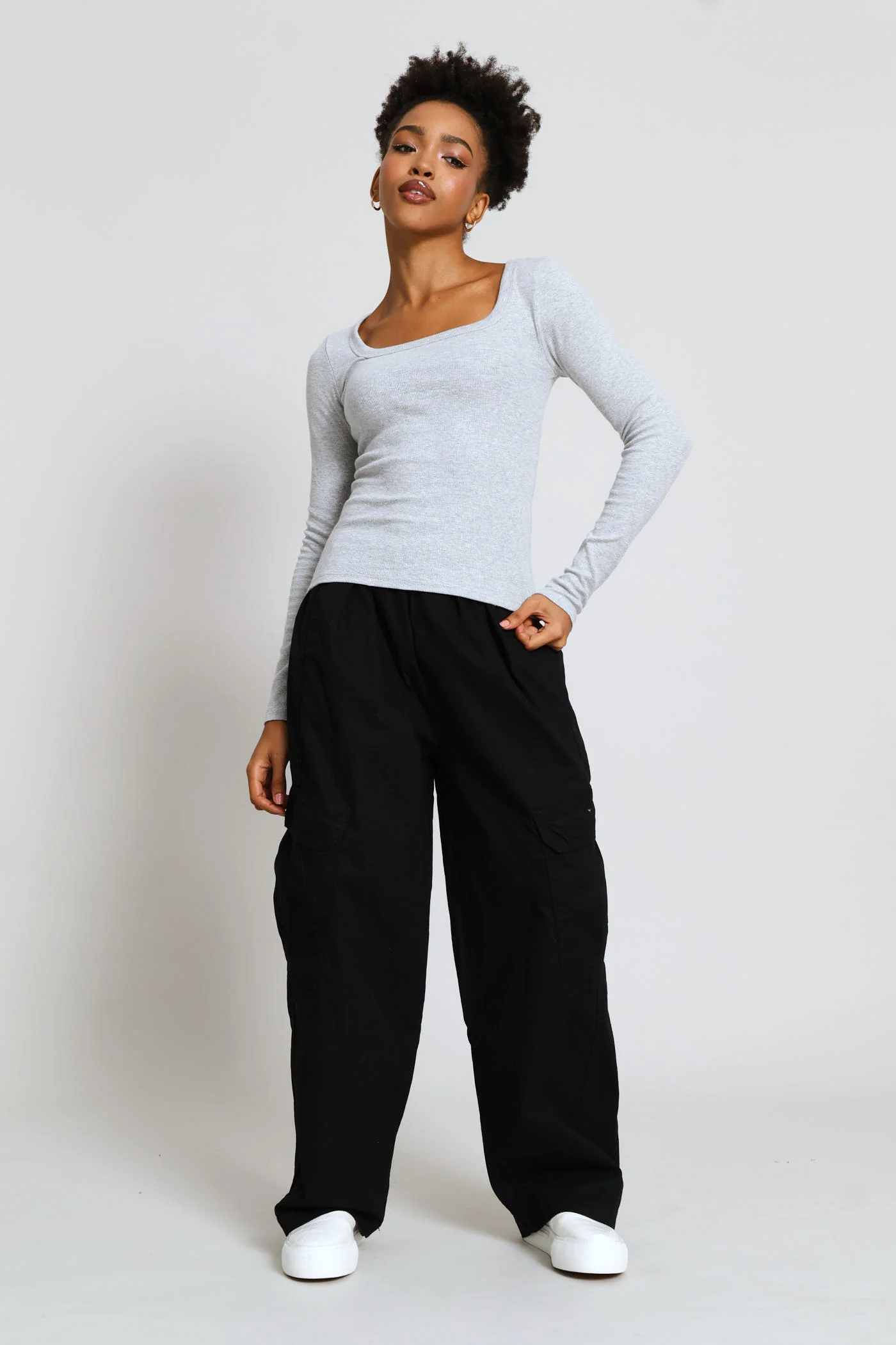 Long Sleeve Rib Square Neck Basic Tee - Grey Melange - Image 5