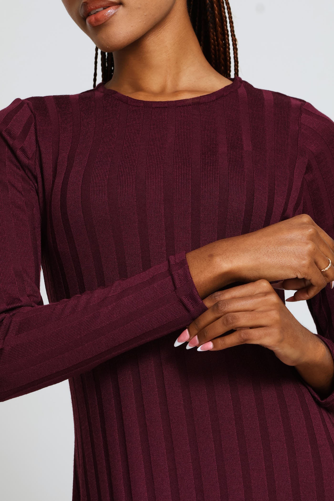 Long Sleeve Ribbed Fit & Flare Mini Dress - Plum - Image 2